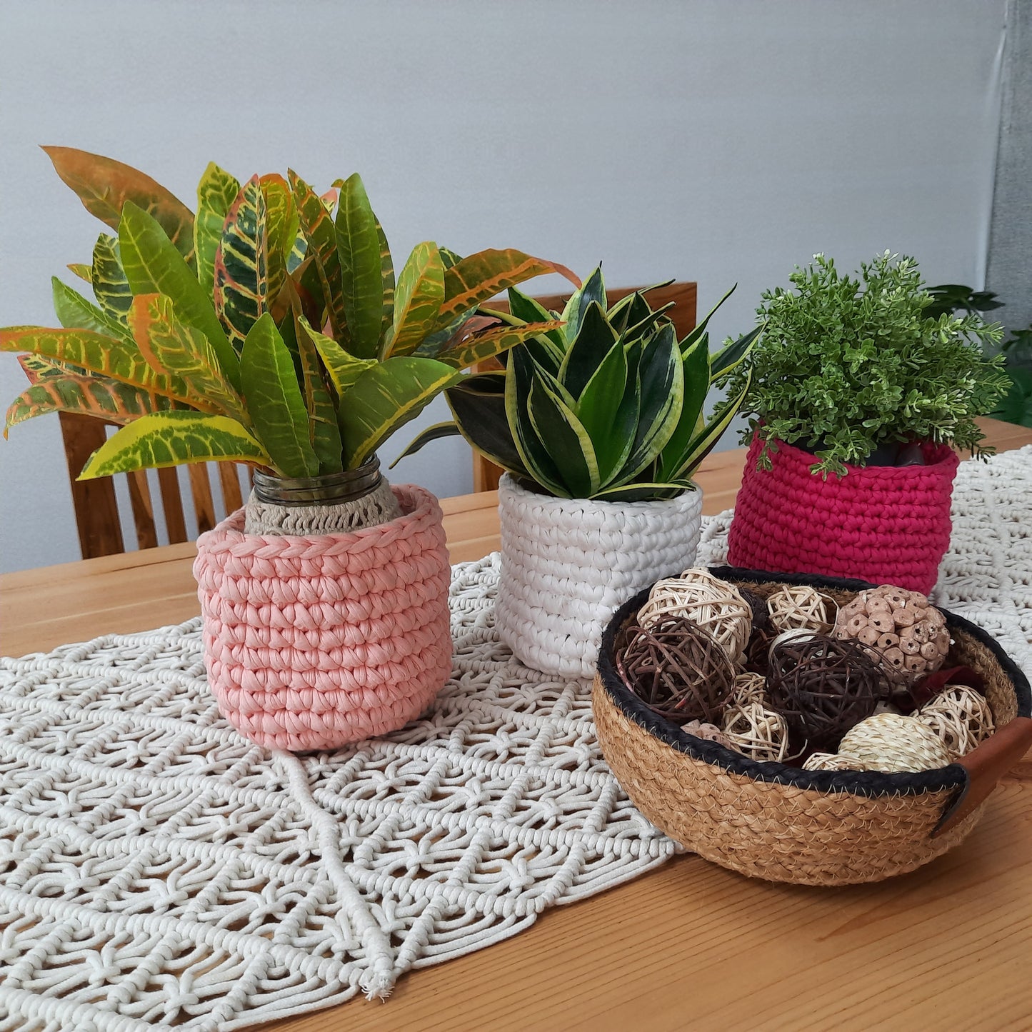 Avioni Home Cotton Hand Crocheted Baskets | Set of 3 Pieces | Purple Red,White, & Rose Pink| Decorative Storage Basket (small) | Knitted Basket | Size: 13 x13cms (~5X5 inch)