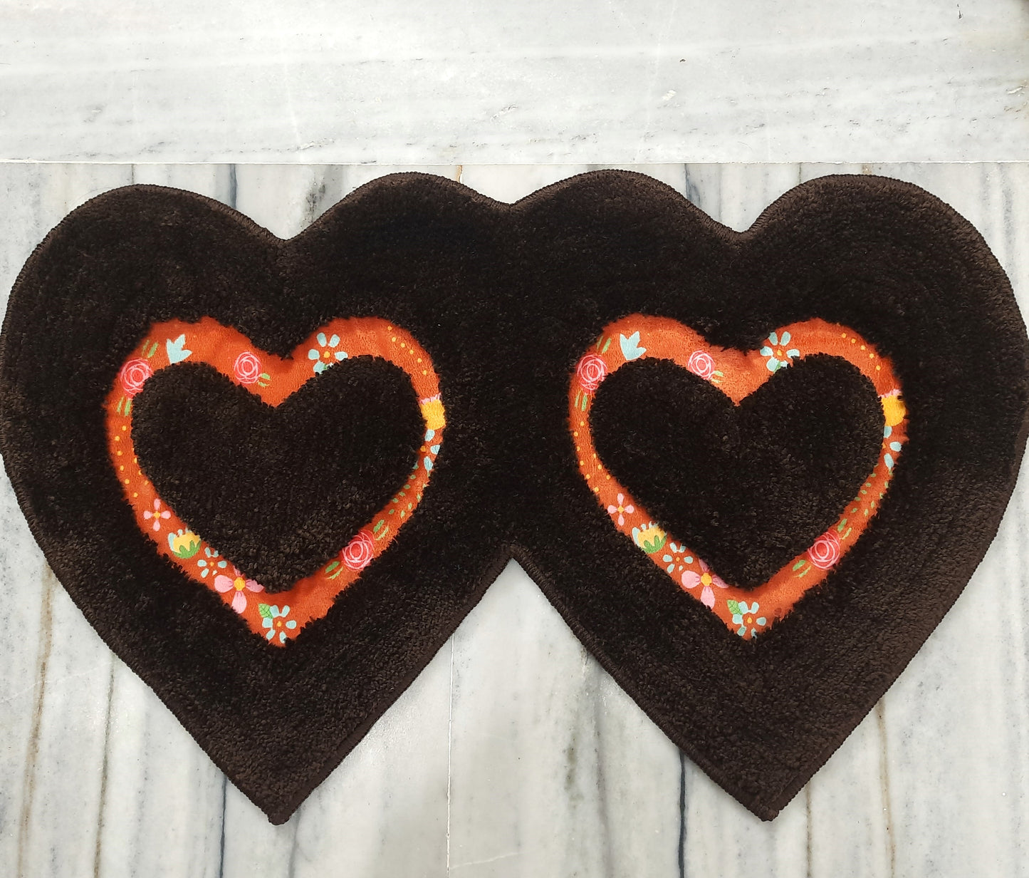 Avioni Home| Twinheart Floormat Collection | Soft Shaggy Dual Heart Shape Floor Mat /Door Mat | Dark Coffee | Fluffy & 10mm Thick Mat | 45 x 75 CM