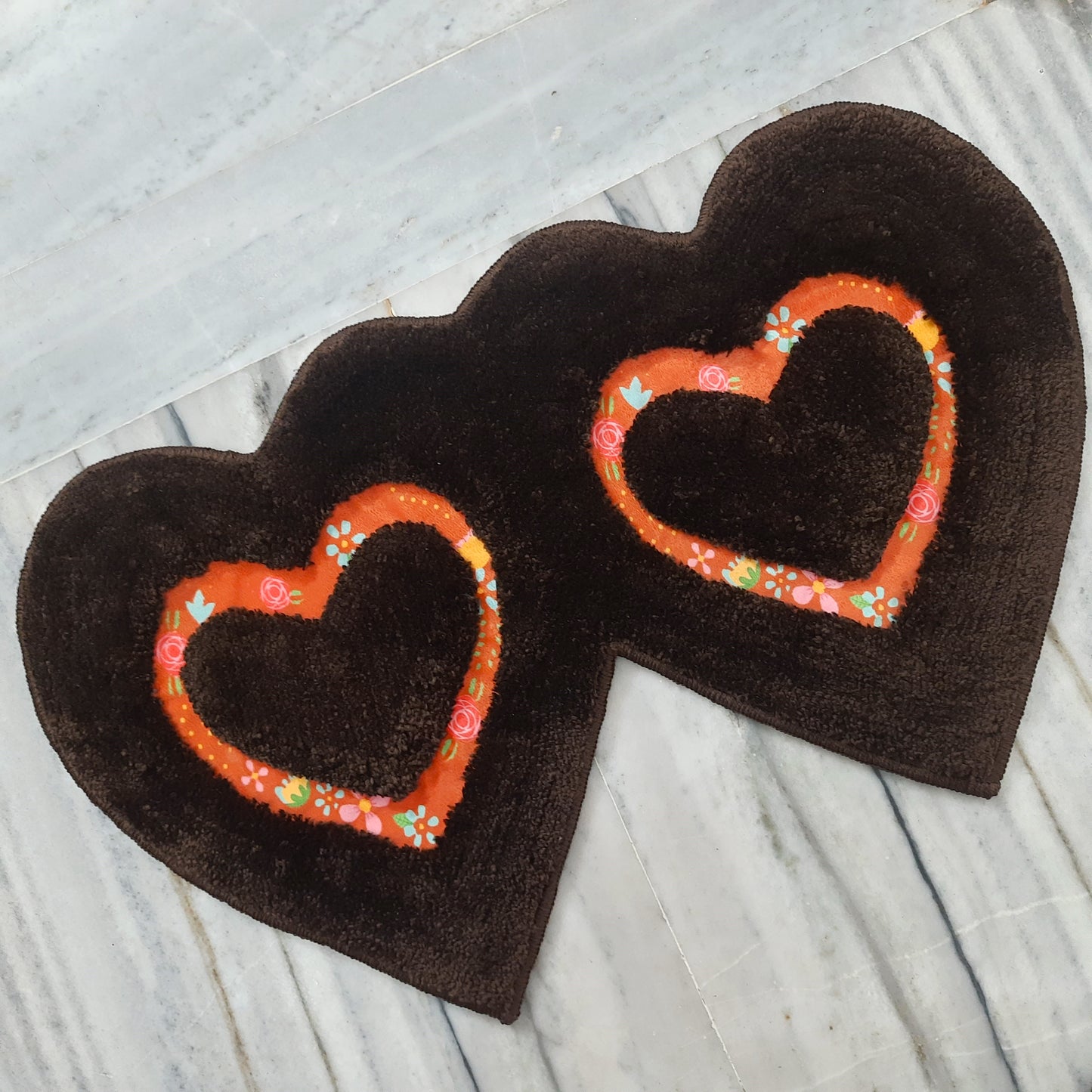 Avioni Home| Twinheart Floormat Collection | Soft Shaggy Dual Heart Shape Floor Mat /Door Mat | Dark Coffee | Fluffy & 10mm Thick Mat | 45 x 75 CM