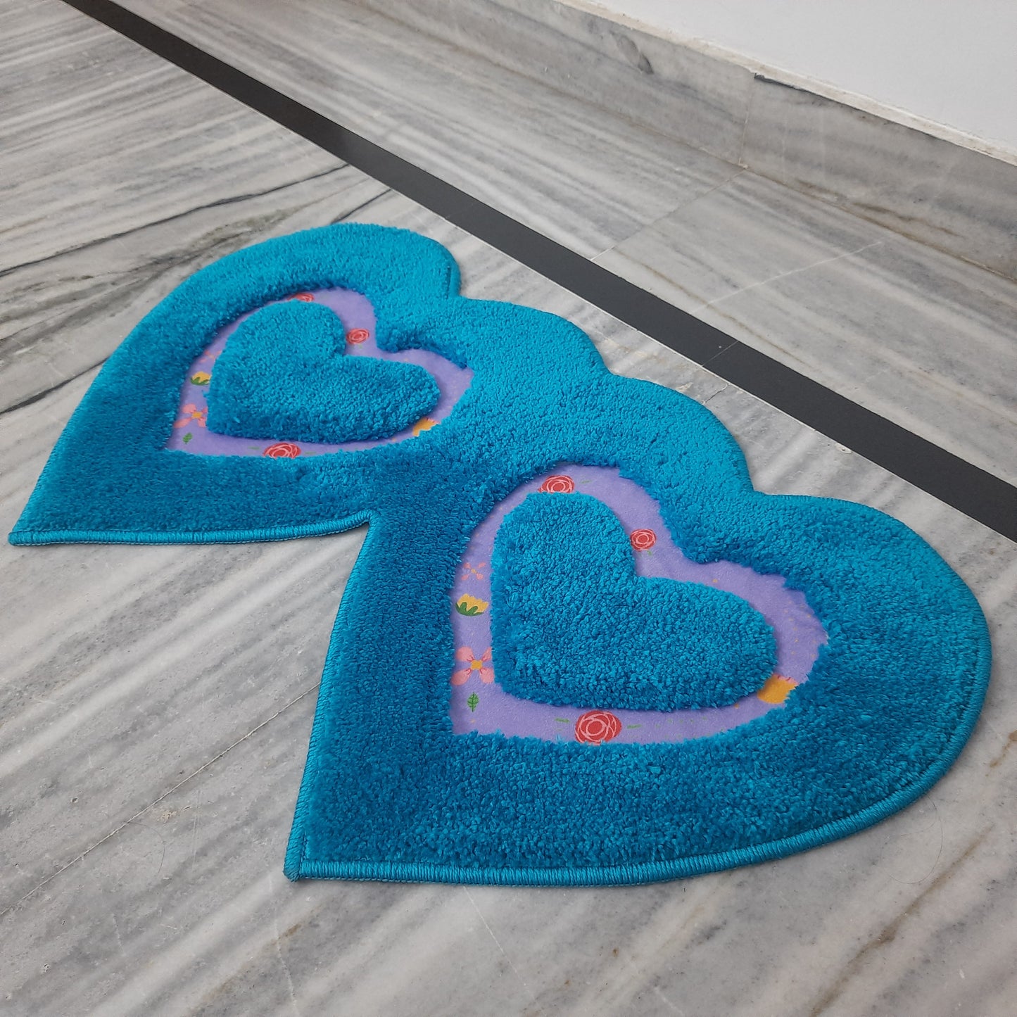 Avioni Home| Twinheart Floormat Collection | Soft Shaggy Dual Heart Shape Floor Mat /Door Mat | Turquoise | Fluffy & 10mm Thick Mat | 45 x 75 CM