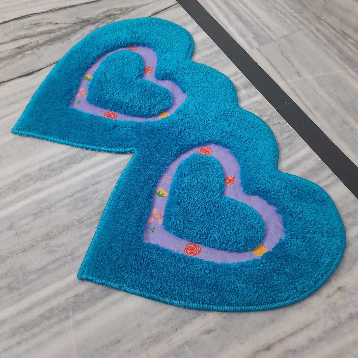 Avioni Home| Twinheart Floormat Collection | Soft Shaggy Dual Heart Shape Floor Mat /Door Mat | Turquoise | Fluffy & 10mm Thick Mat | 45 x 75 CM