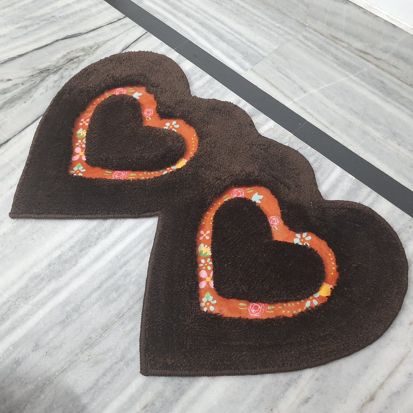 Avioni Home| Twinheart Floormat Collection | Soft Shaggy Dual Heart Shape Floor Mat /Door Mat | Dark Coffee | Fluffy & 10mm Thick Mat | 45 x 75 CM