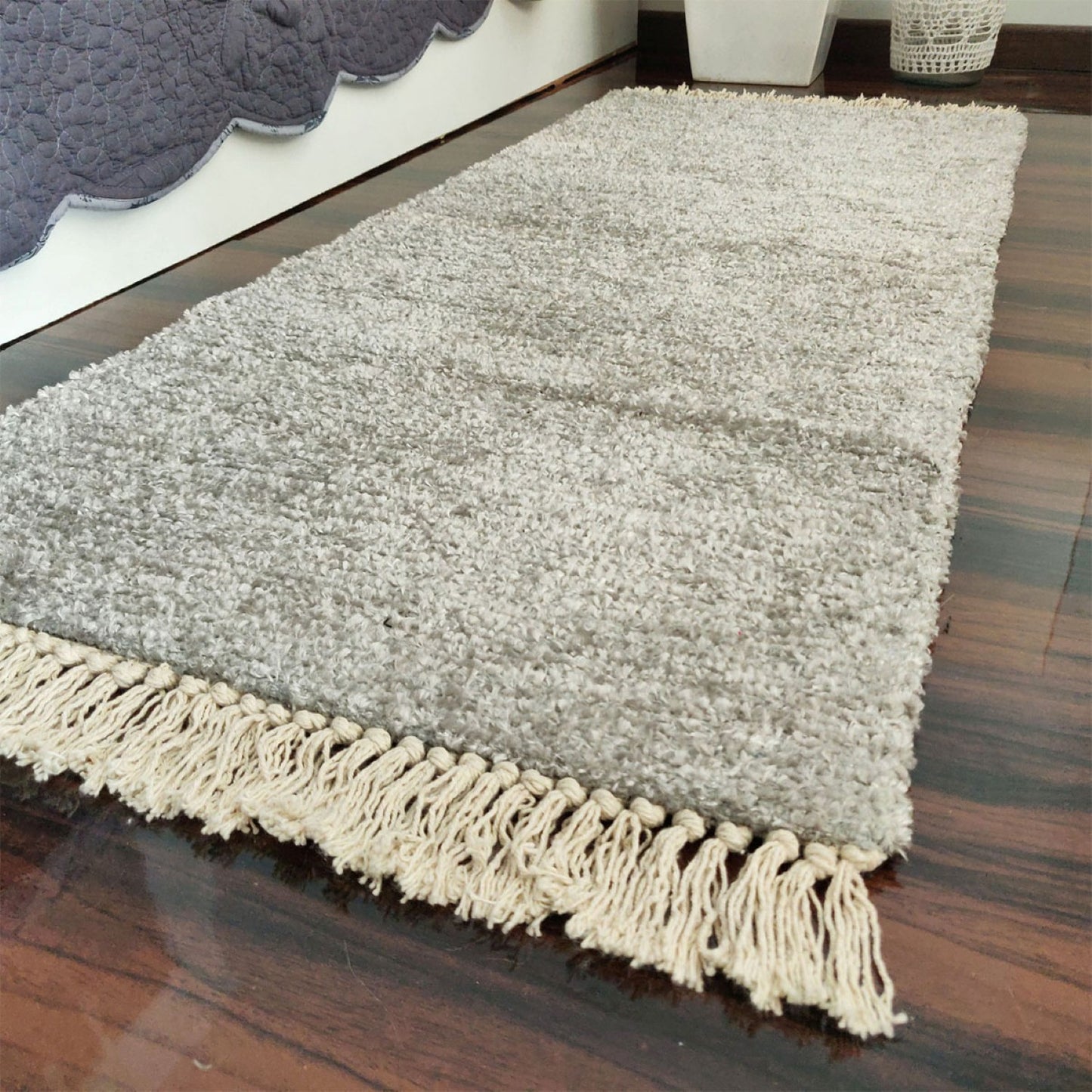 Avioni Bedside/Hallway/Pooja Carpets In Faux Silk Silver Plain -(22X55 Inch)–56X140 cms