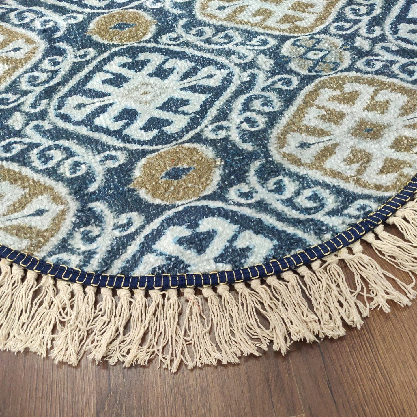 Avioni Faux Silk Carpet – Contemporary Round Rug -Blue Ethnic Pattern