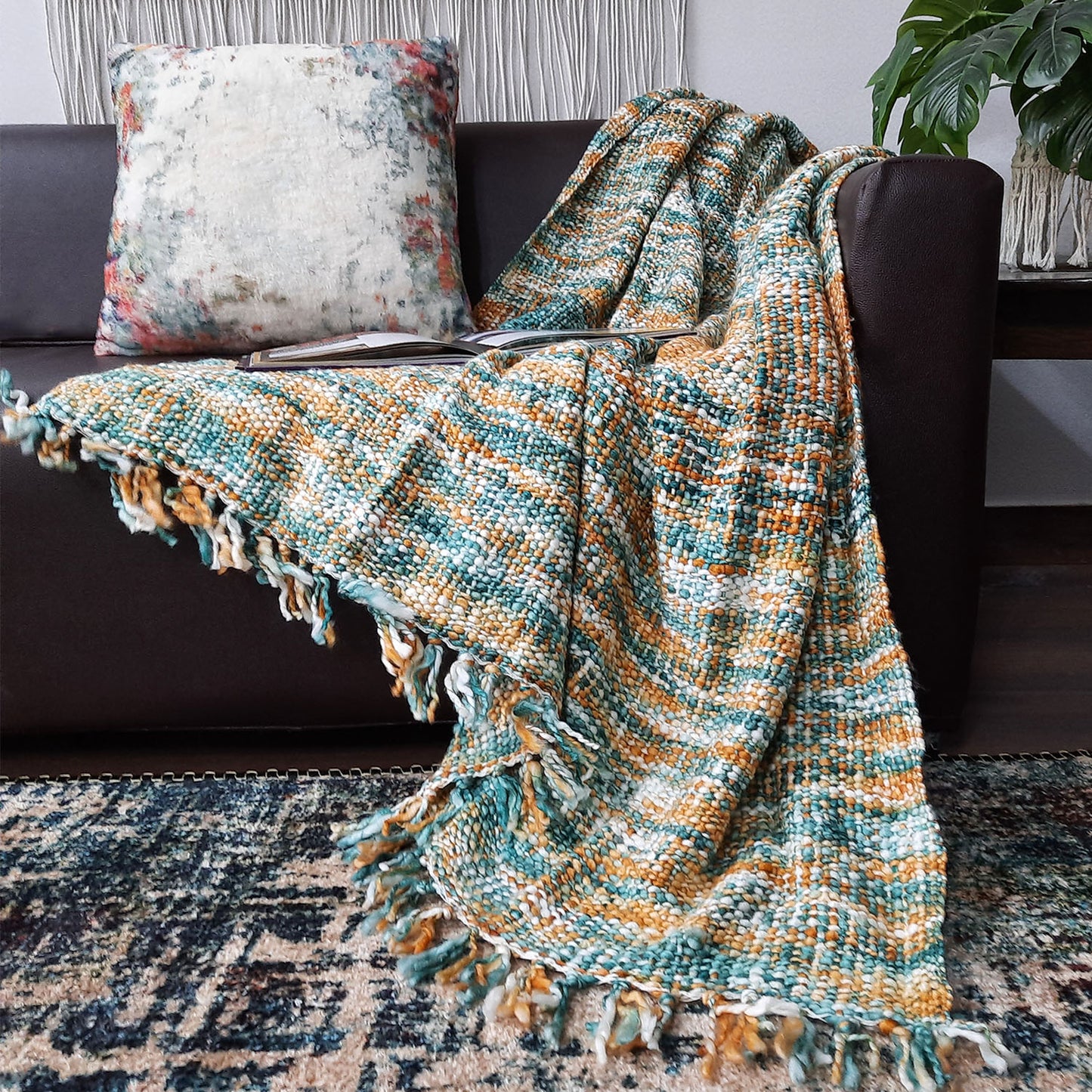 Avioni Sofa Throws/Blankets Super Soft Acrylic Handloom Weaved Blue Multicolour – (Aura Collection)-127×152 cm (50 x 60 Inch)