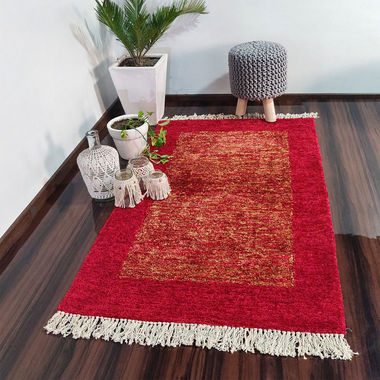 Avioni Faux Silk Carpets for Living Room/Pooja Room - Exclusive "Cut Shuttle" Hand loom Piece- Neo Modern Collection Red And Gold Carpet/Rug – 90cm x 150cm (~3×5 Feet)