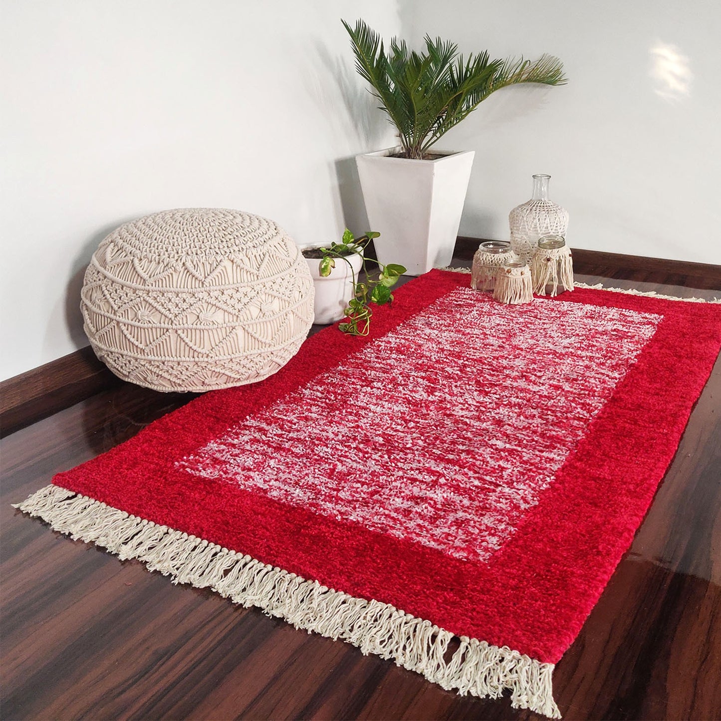 Avioni Faux Silk Carpets for Living Room/Pooja Room - Exclusive "Cut Shuttle" Hand loom Piece- Neo Modern Collection Red And White Carpet/Rug – 90cm x 150cm (~3×5 Feet)