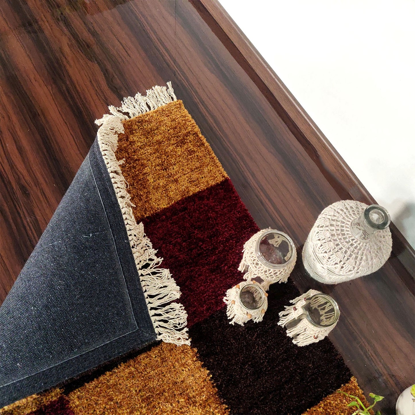 Avioni Faux Silk Carpets for Living Room/Pooja Room- Exclusive "Cut Shuttle" Hand loom Piece- Neo Modern Collection Red-Coffee Box Carpet/Rug – 90cm x 150cm (~3×5 Feet)