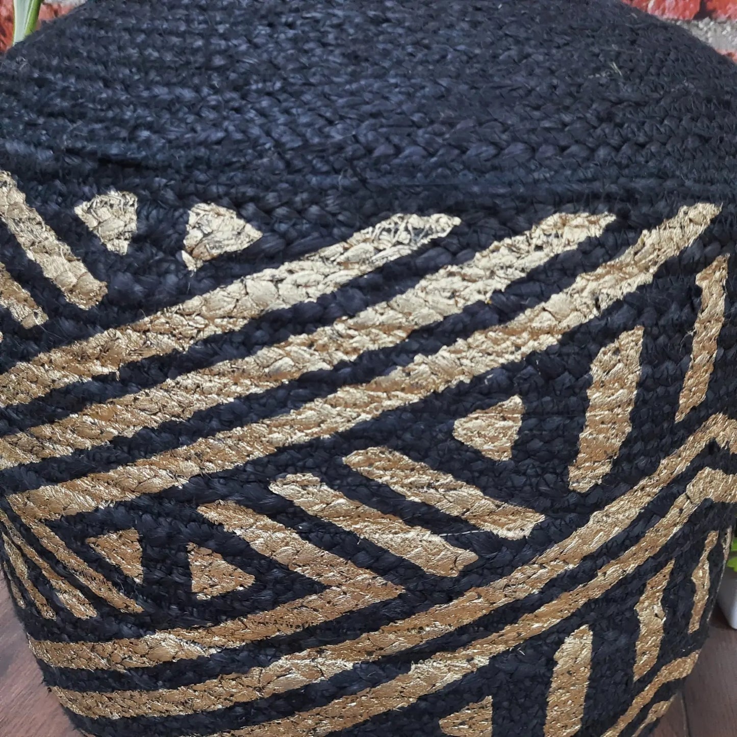 Avioni Home- Hand Braided Natural Jute Pouf With Golden Foil Print – Filled with FR Beans- Large Size-40x55x55 cms