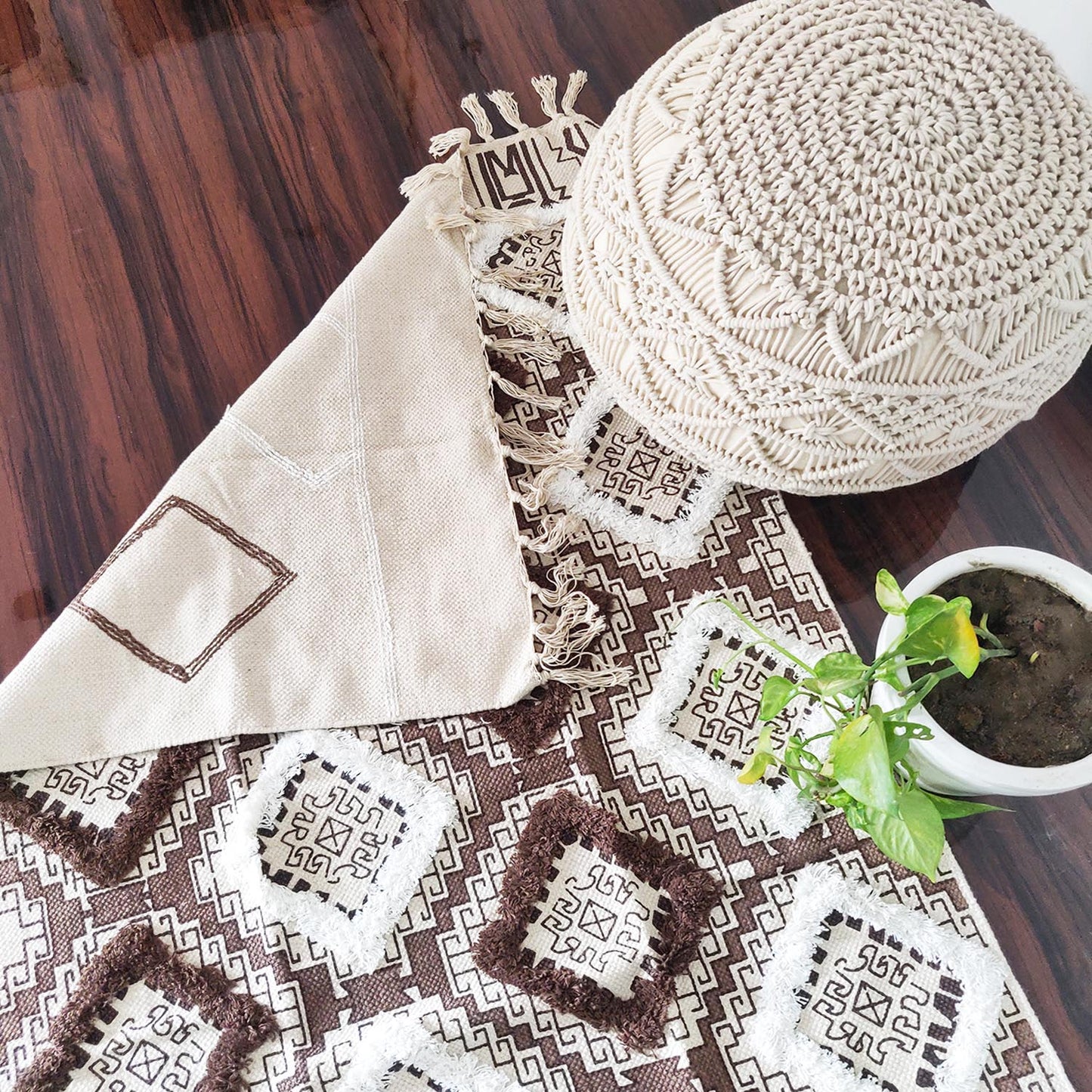 Avioni Boho Look Cotton Printed & Part Tufted Floor Rug / Durrie – Brown Diamonds