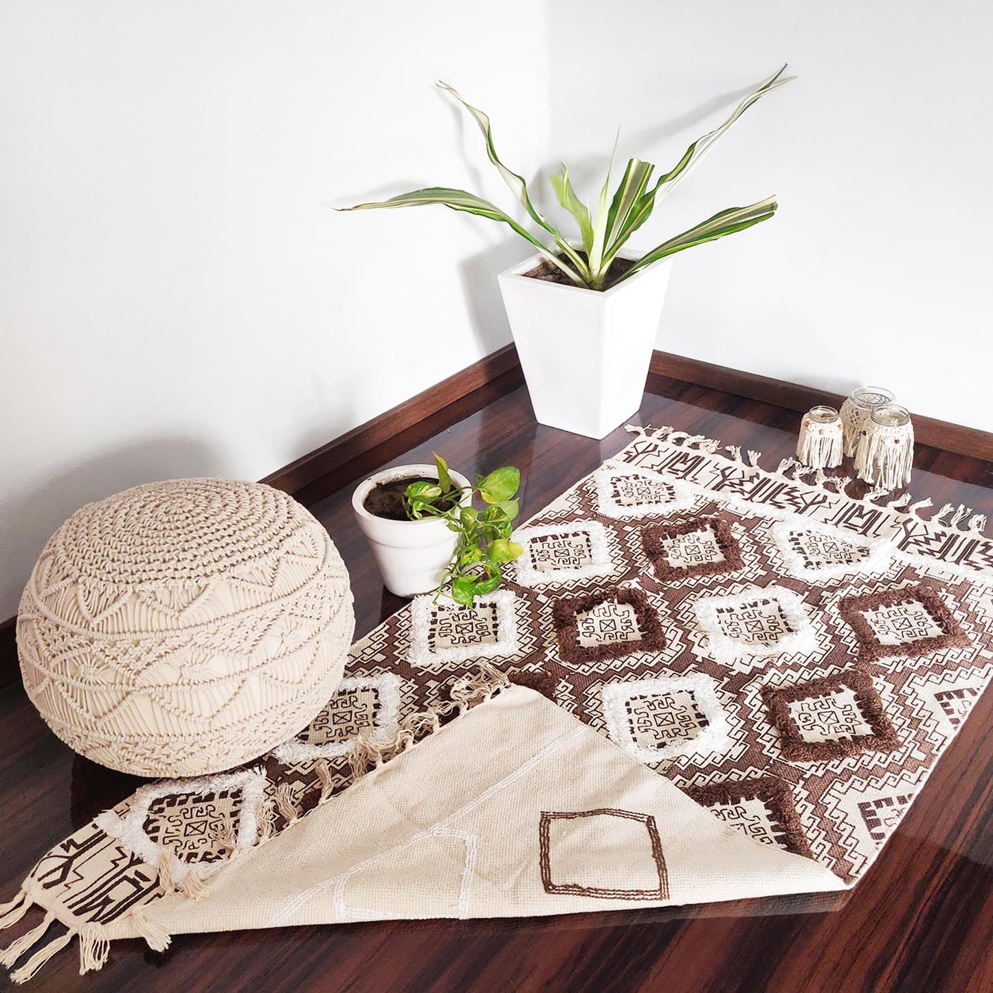 Avioni Boho Look Cotton Printed & Part Tufted Floor Rug / Durrie – Brown Diamonds
