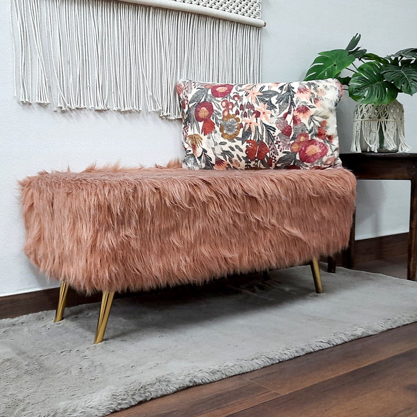 Noviato Collection – Light Redwood Premium Double Shade Long Faux Fur Bench Gold Metal Legs Modern On-Trend Style Multi-Functional Ottoman Bench Seat, 90 cm length | from Avioni