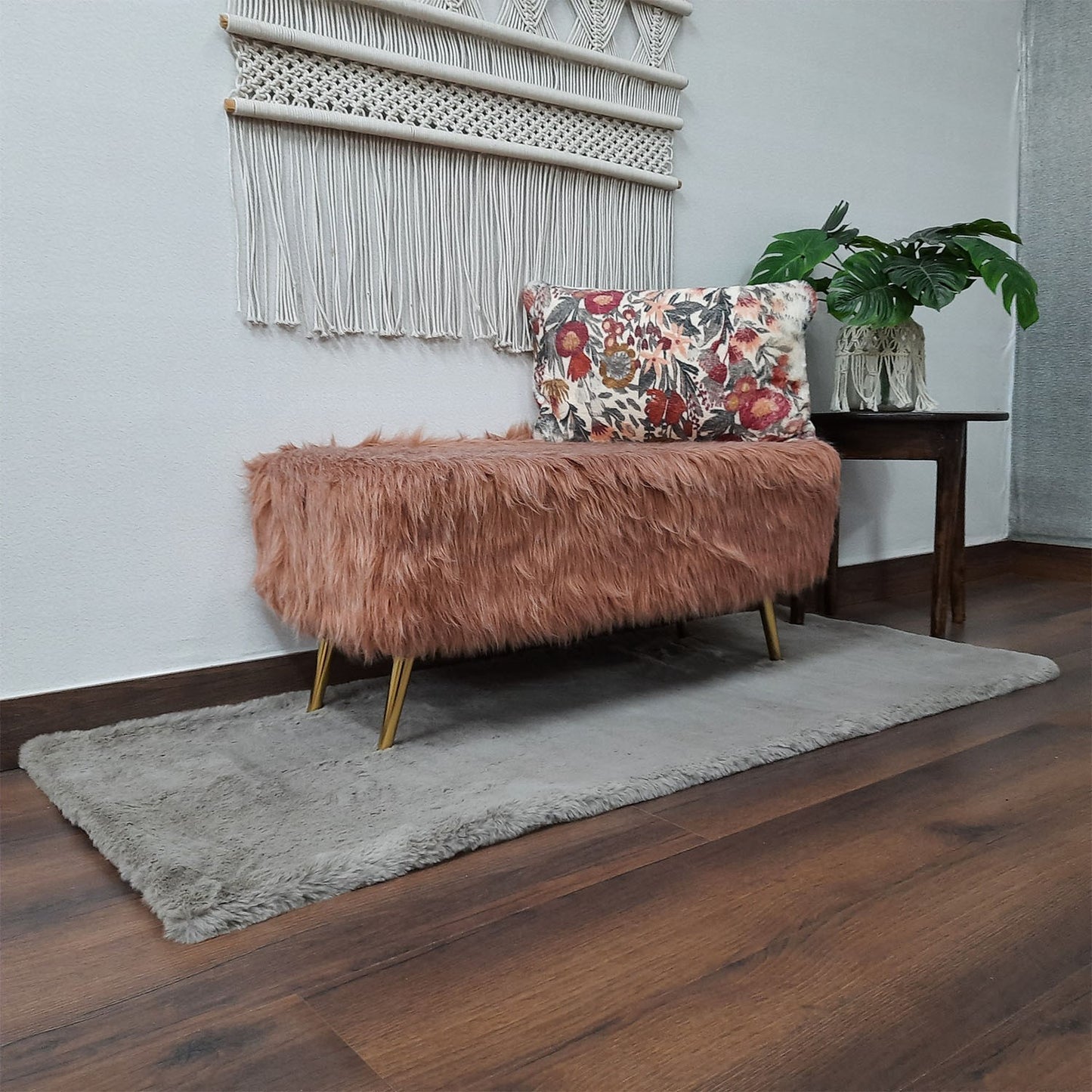 Noviato Collection – Light Redwood Premium Double Shade Long Faux Fur Bench Gold Metal Legs Modern On-Trend Style Multi-Functional Ottoman Bench Seat, 90 cm length | from Avioni