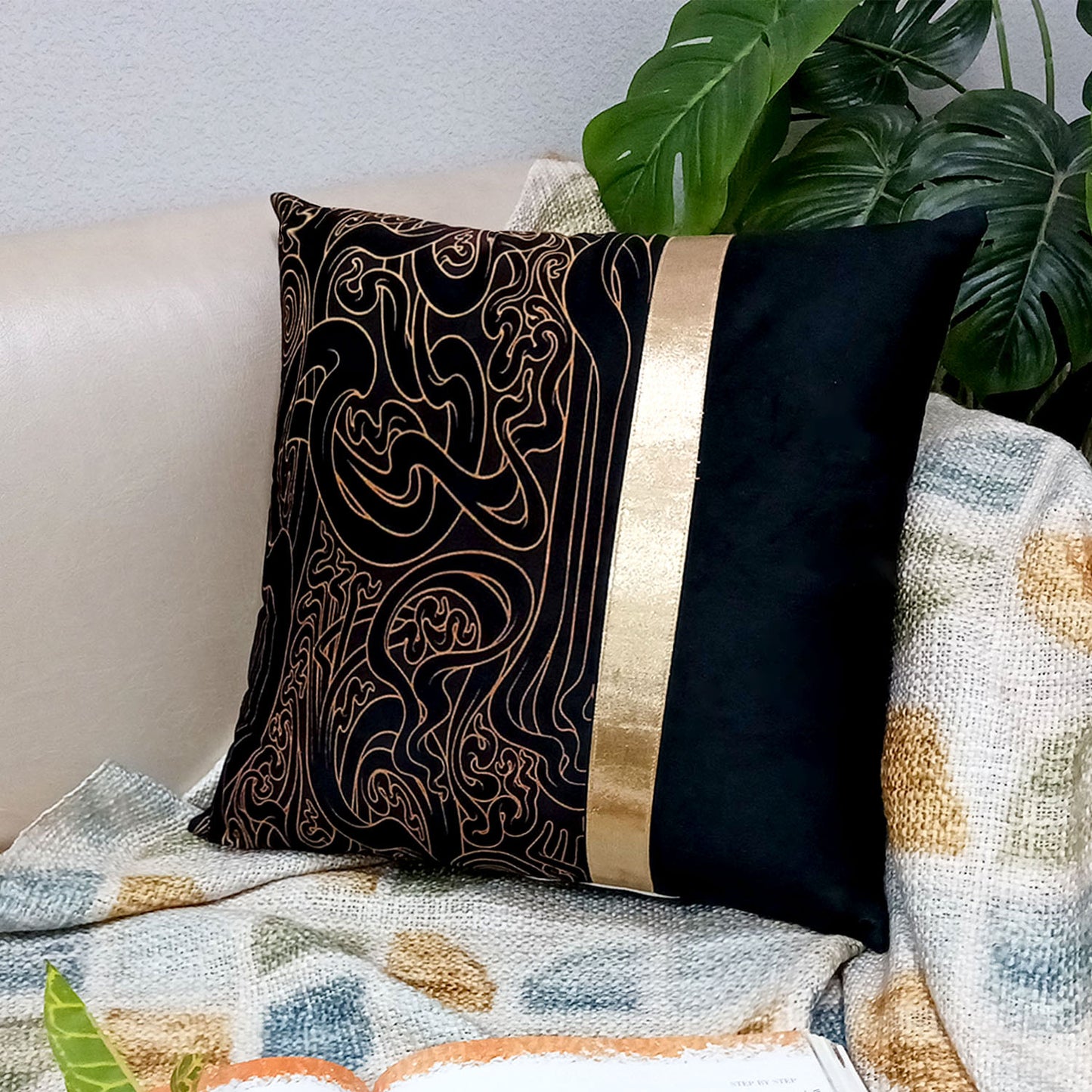 Cushion Covers Super Soft – Beautiful Golden Touch Black Abstract Design – Best Price 40cm x 40cm (~16″ x 16″)