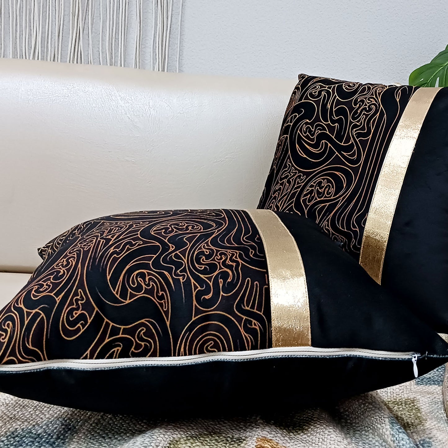 Cushion Covers Super Soft – Beautiful Golden Touch Black Abstract Design – Best Price 40cm x 40cm (~16″ x 16″)
