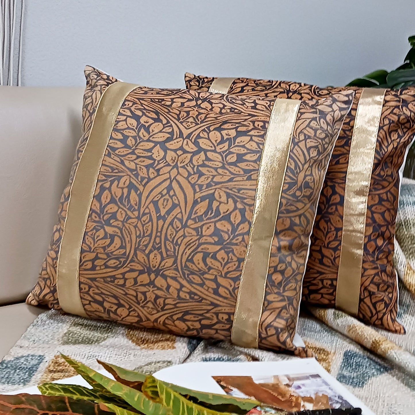 Cushion Covers Super Soft – Beautiful Golden Touch Brown Leaves Design – Best Price 40cm x 40cm (~16″ x 16″)