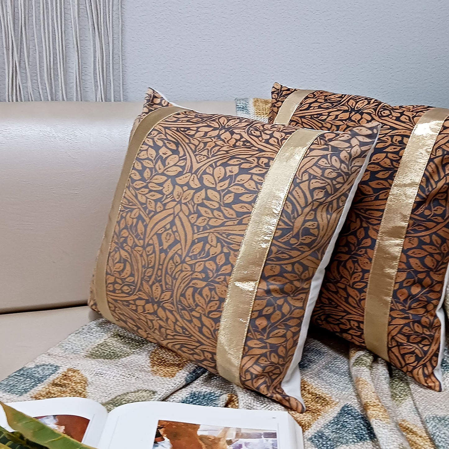 Cushion Covers Super Soft – Beautiful Golden Touch Brown Leaves Design – Best Price 40cm x 40cm (~16″ x 16″)