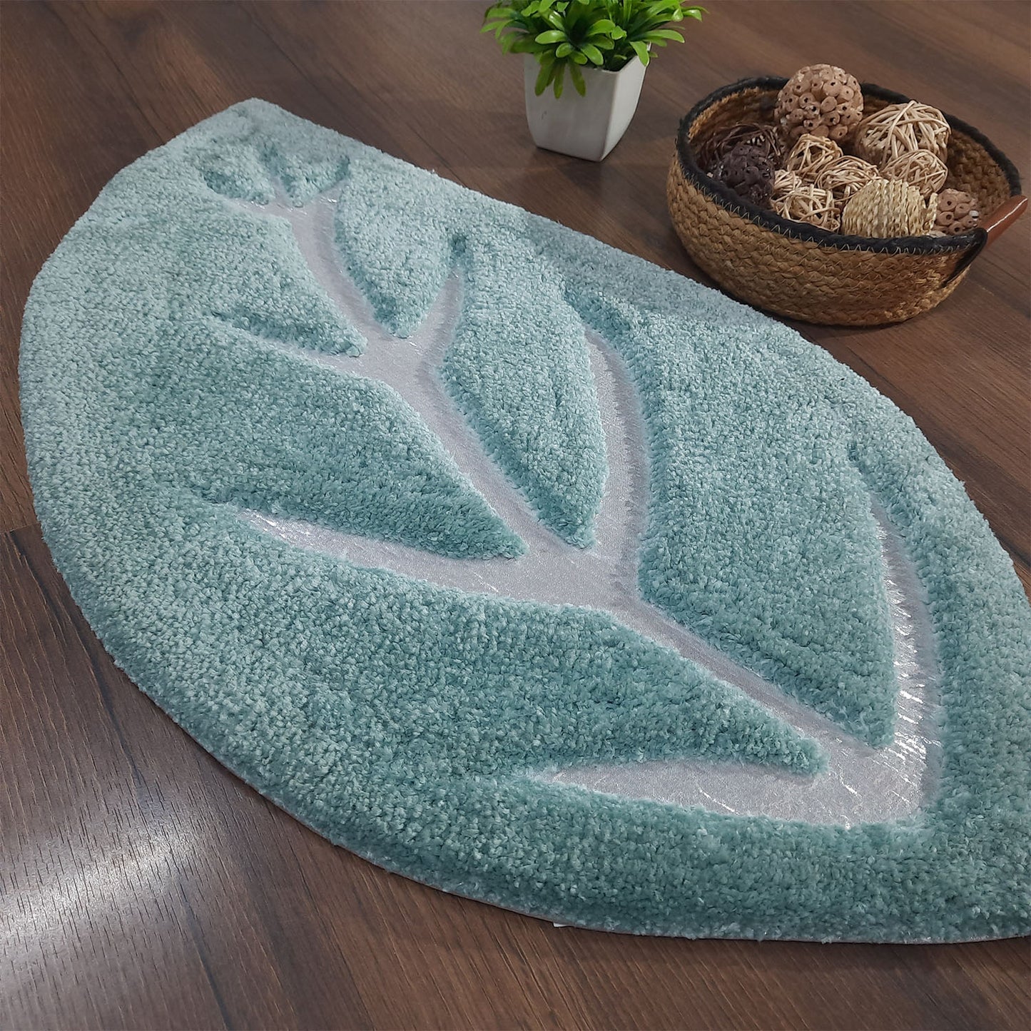 Avioni Divine Collection | Luxury Golden/Silver Touch Aqua Tufted Rug In Beautiful Leaf Shaped Soft And Plush Handmade Door Mats | ~25mm thickness | BathMats -45x82 cms