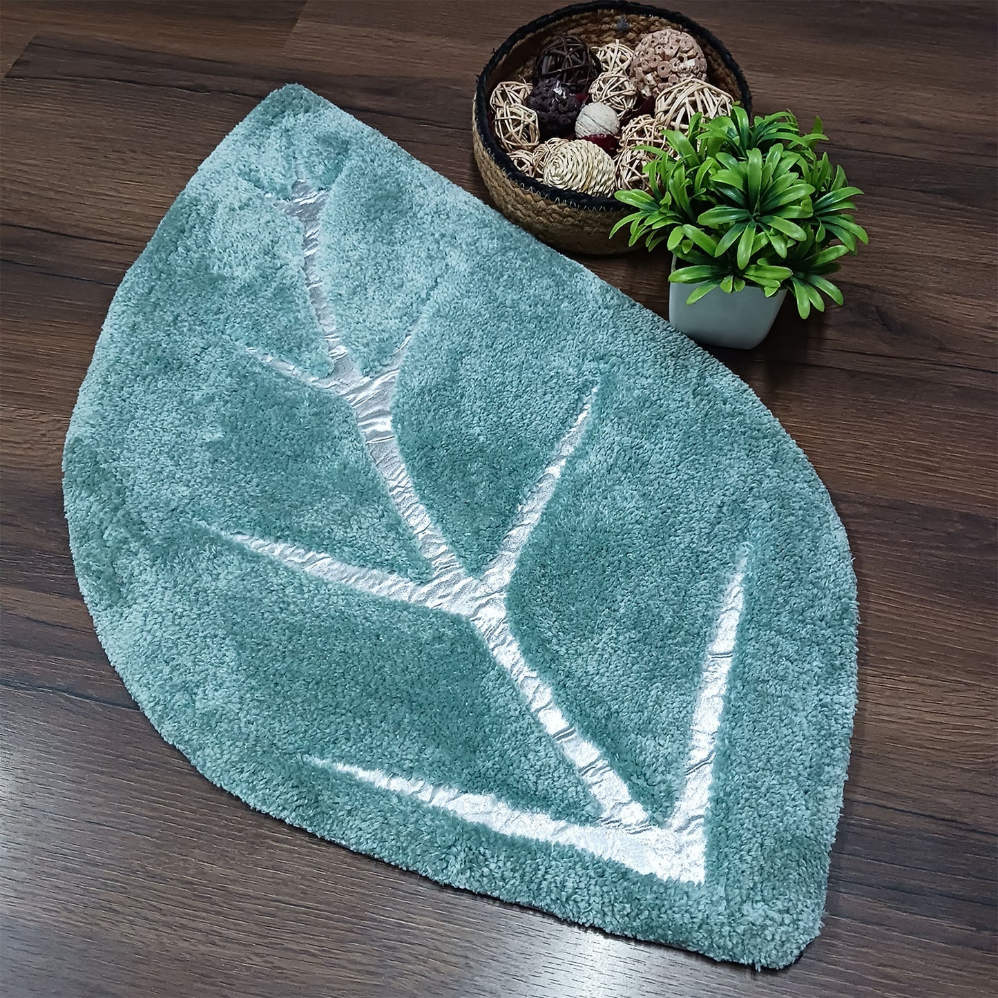 Avioni Divine Collection | Luxury Golden/Silver Touch Aqua Tufted Rug In Beautiful Leaf Shaped Soft And Plush Handmade Door Mats | 25mm thickness | BathMats -45x82 cms