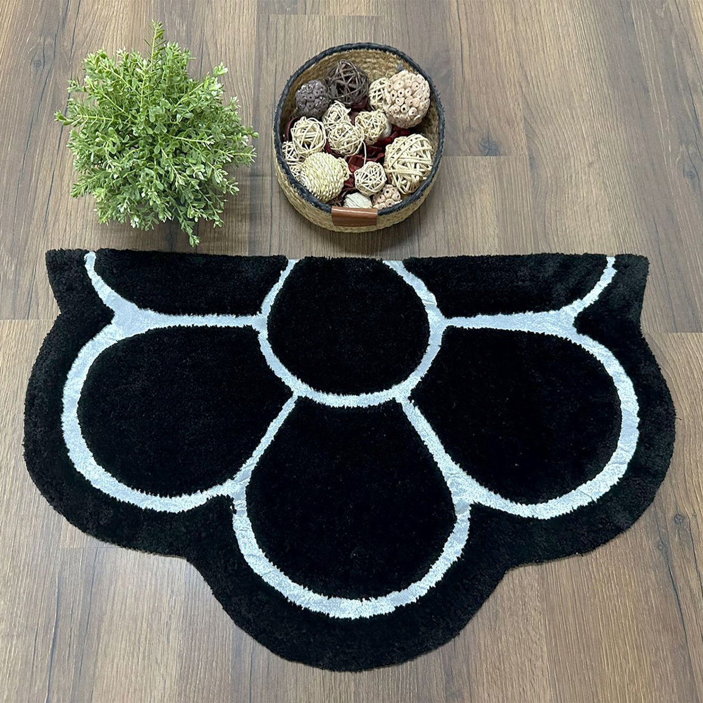 Avioni Divine Collection | Luxury Golden/Silver Touch Black Tufted Rug In Beautiful Flower Soft And Plush Handmade Door Mats | ~25mm thick | BathMats -45x75 cms