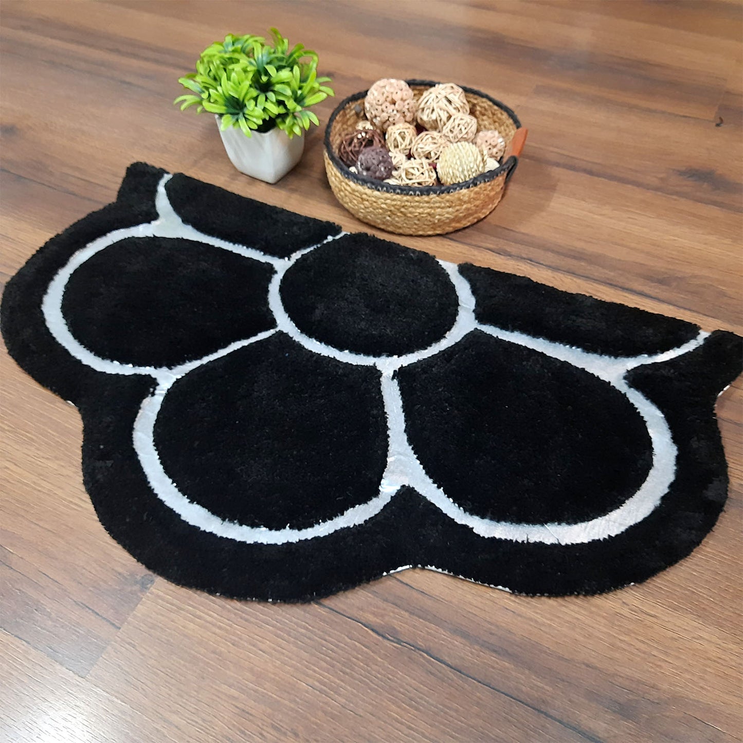 Avioni Divine Collection | Luxury Golden/Silver Touch Black Tufted Rug In Beautiful Flower Soft And Plush Handmade Door Mats | ~25mm thick | BathMats -45x75 cms