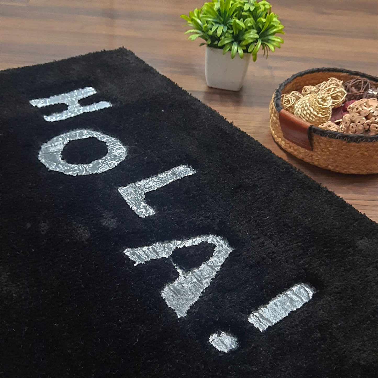 Avioni Divine Collection | Black Luxury Golden Touch Tufted Rug In "HOLA" (Spanish Greeting) Soft And Plush Handmade Door Mats |~25mm thick | BathMats -45x75 Cms