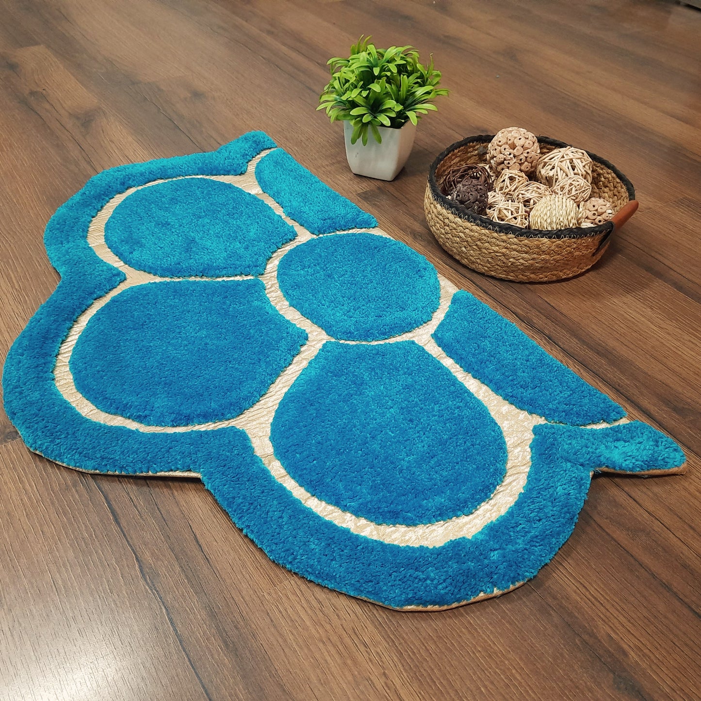 Avioni Divine Collection | Luxury Golden/Silver Touch Blue Tufted Rug In Beautiful Flower Soft And Plush Handmade Door Mats | ~25mm thick | BathMats -45x75 cms
