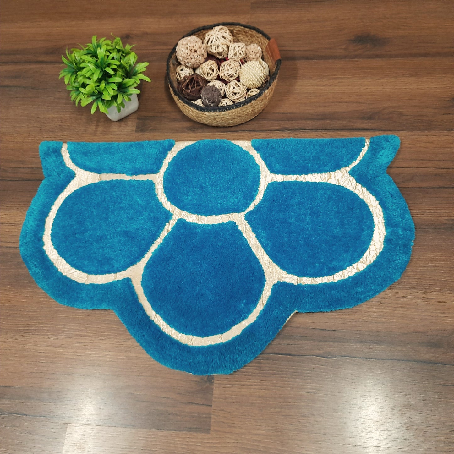 Avioni Divine Collection | Luxury Golden/Silver Touch Blue Tufted Rug In Beautiful Flower Soft And Plush Handmade Door Mats | ~25mm thick | BathMats -45x75 cms