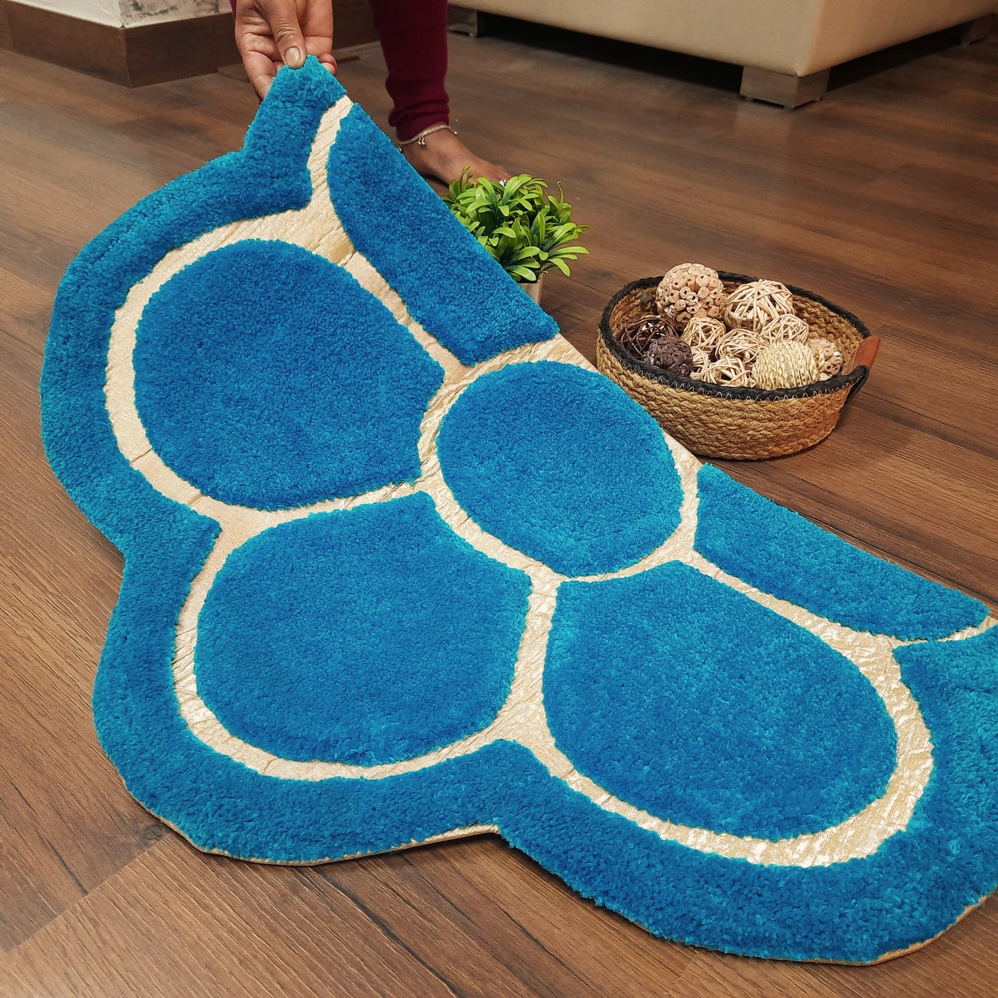 Avioni Divine Collection | Luxury Golden/Silver Touch Blue Tufted Rug In Beautiful Flower Soft And Plush Handmade Door Mats | ~25mm thick | BathMats -45x75 cms