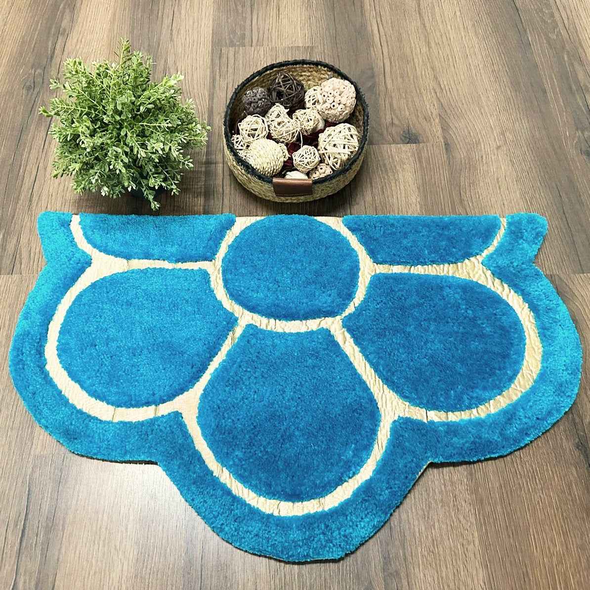 Avioni Divine Collection | Luxury Golden/Silver Touch Blue Tufted Rug In Beautiful Flower Soft And Plush Handmade Door Mats | ~25mm thick | BathMats -45x75 cms