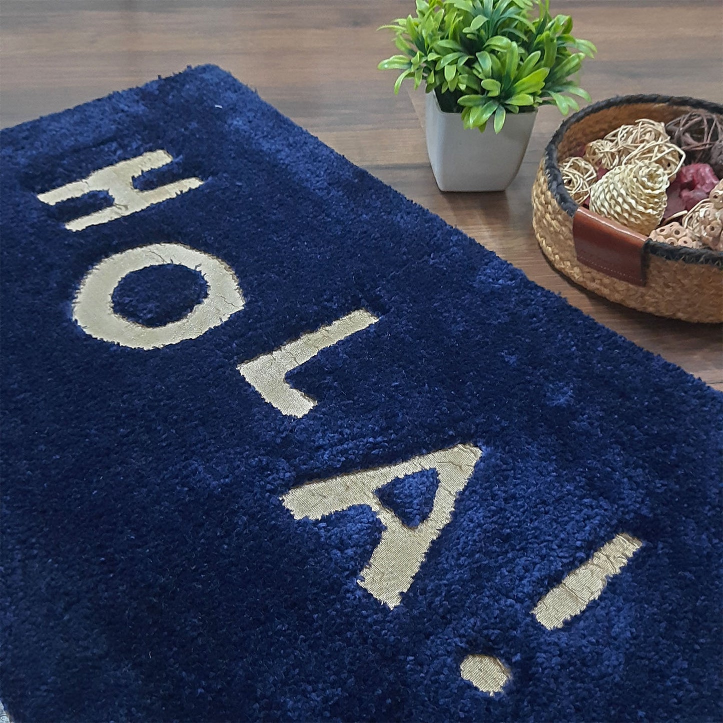 Avioni Divine Collection | Navy Blue Luxury Golden Touch Tufted Rug In "HOLA" (Spanish Greeting) Soft And Plush Handmade Door Mats |~25mm thick | BathMats -45x75 Cms