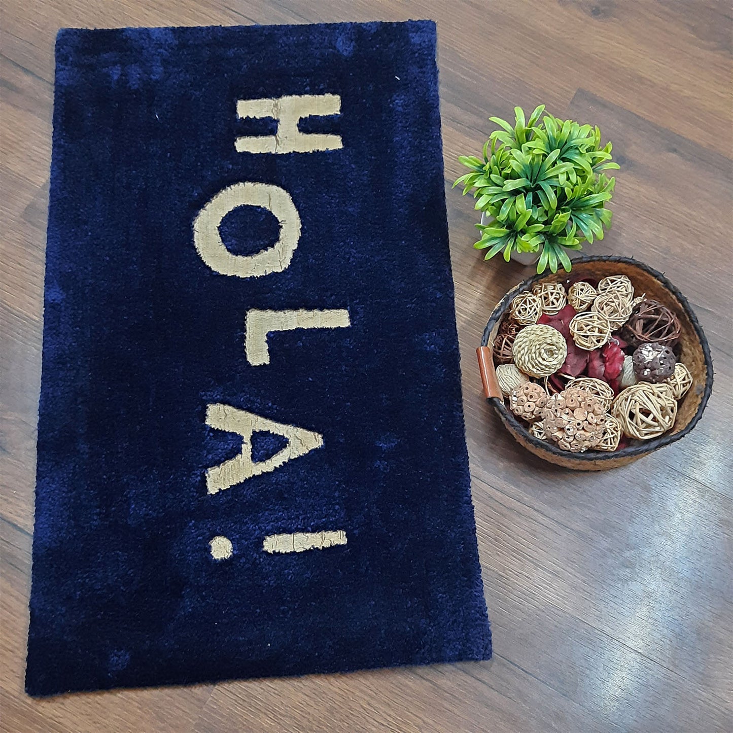 Avioni Divine Collection | Navy Blue Luxury Golden Touch Tufted Rug In "HOLA" (Spanish Greeting) Soft And Plush Handmade Door Mats |~25mm thick | BathMats -45x75 Cms