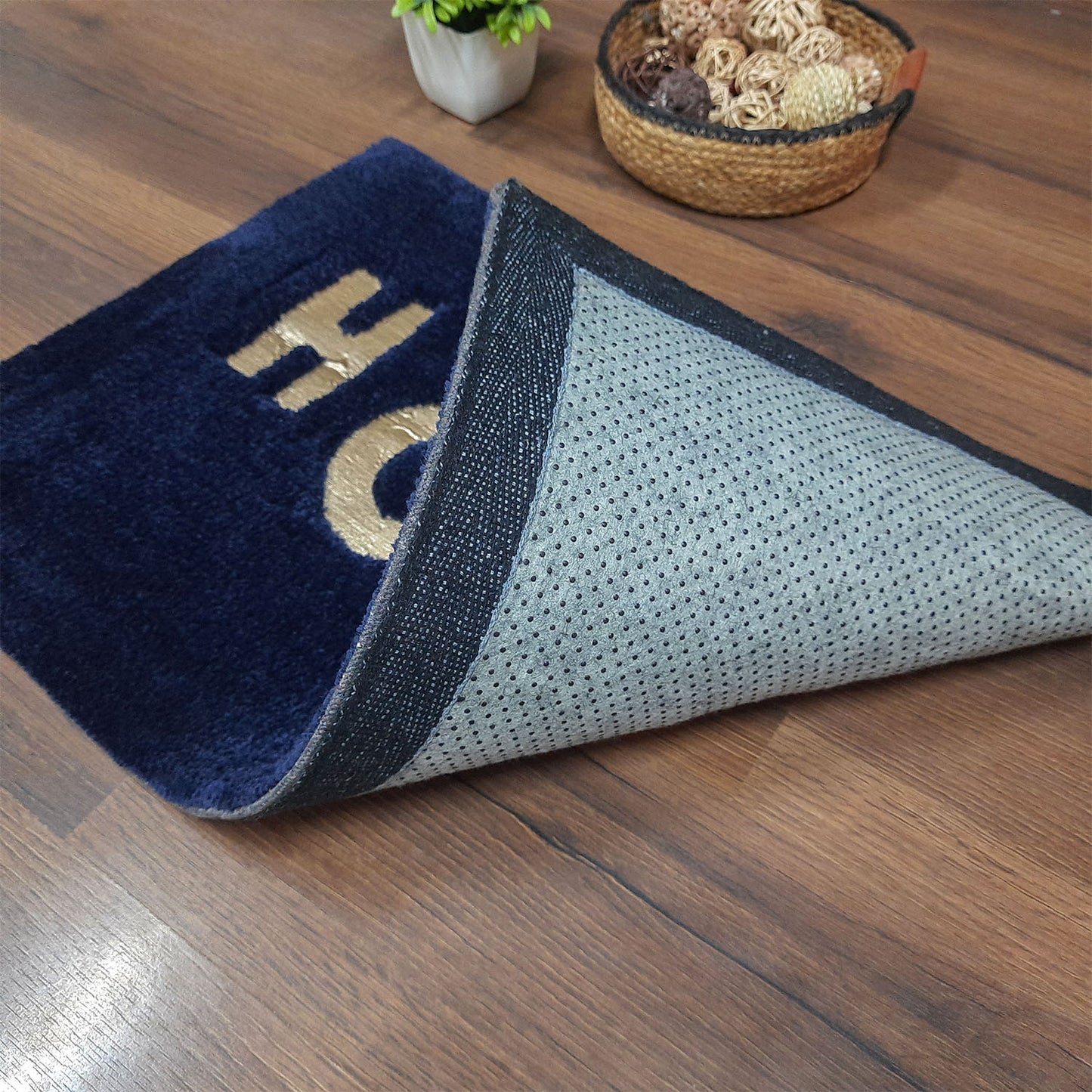 Avioni Divine Collection | Navy Blue Luxury Golden Touch Tufted Rug In "HOLA" (Spanish Greeting) Soft And Plush Handmade Door Mats |~25mm thick | BathMats -45x75 Cms
