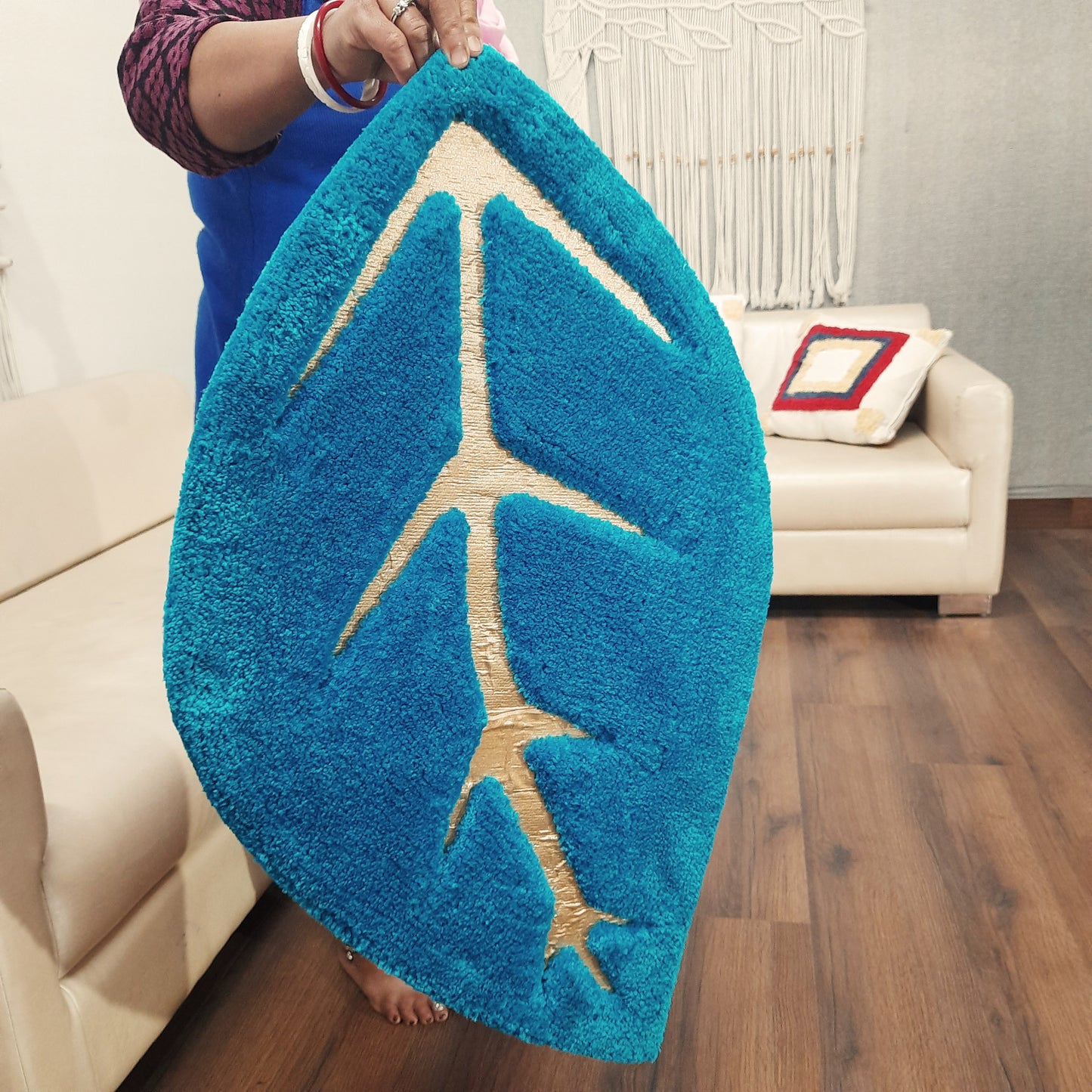 Avioni Divine Collection | Luxury Golden/Silver Touch Blue Tufted Rug In Beautiful Leaf Shaped Soft And Plush Handmade Door Mats | ~25mm thickness | BathMats -45x82 cms