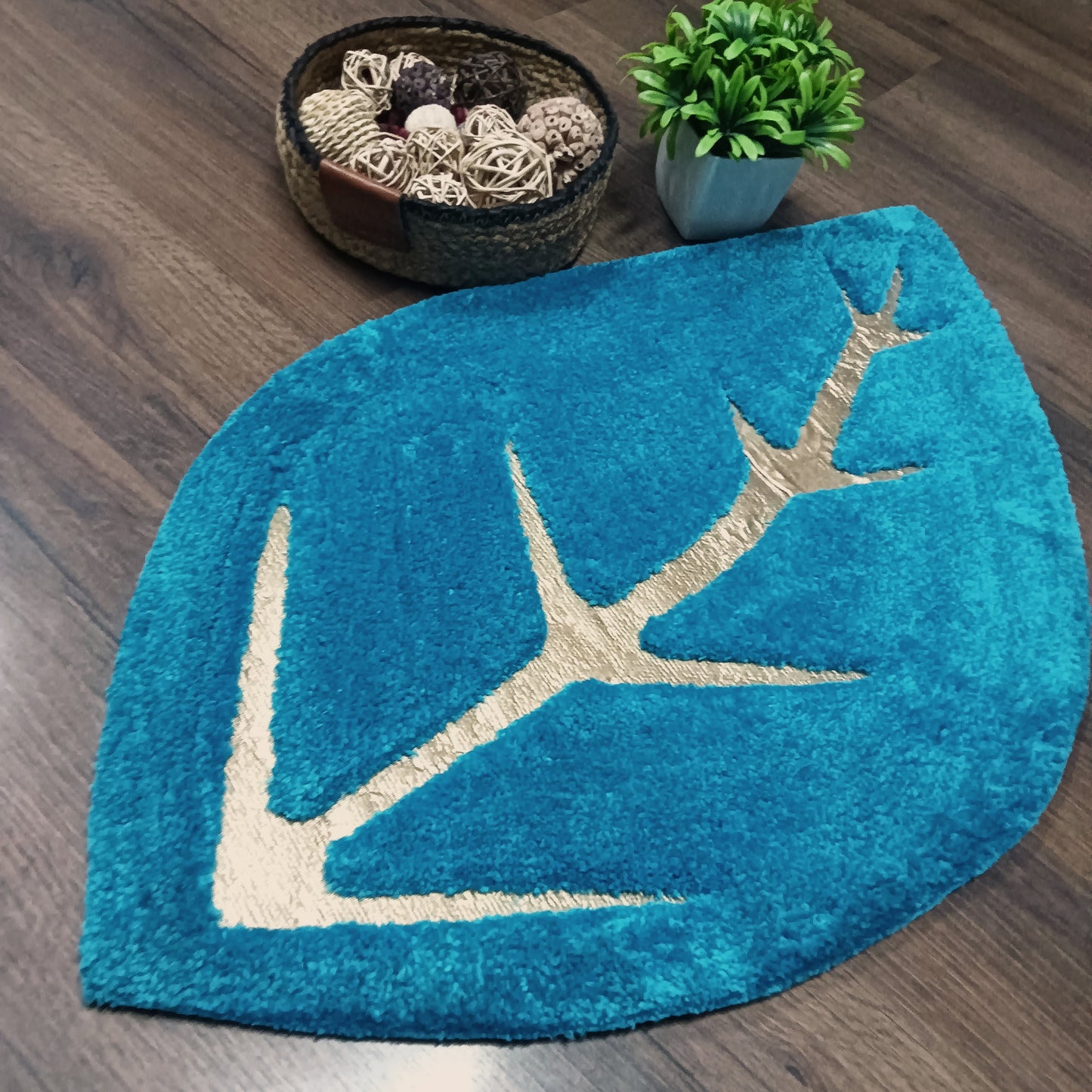 Avioni Divine Collection | Luxury Golden/Silver Touch Blue Tufted Rug In Beautiful Leaf Shaped Soft And Plush Handmade Door Mats | ~25mm thickness | BathMats -45x82 cms