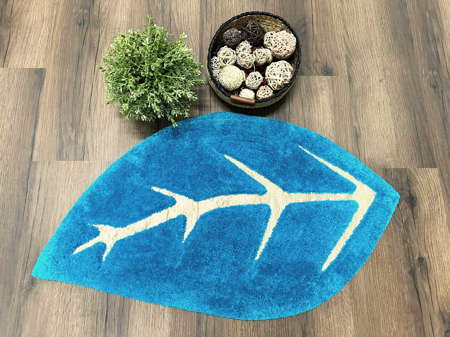 Avioni Divine Collection | Luxury Golden/Silver Touch Blue Tufted Rug In Beautiful Leaf Shaped Soft And Plush Handmade Door Mats | ~25mm thickness | BathMats -45x82 cms