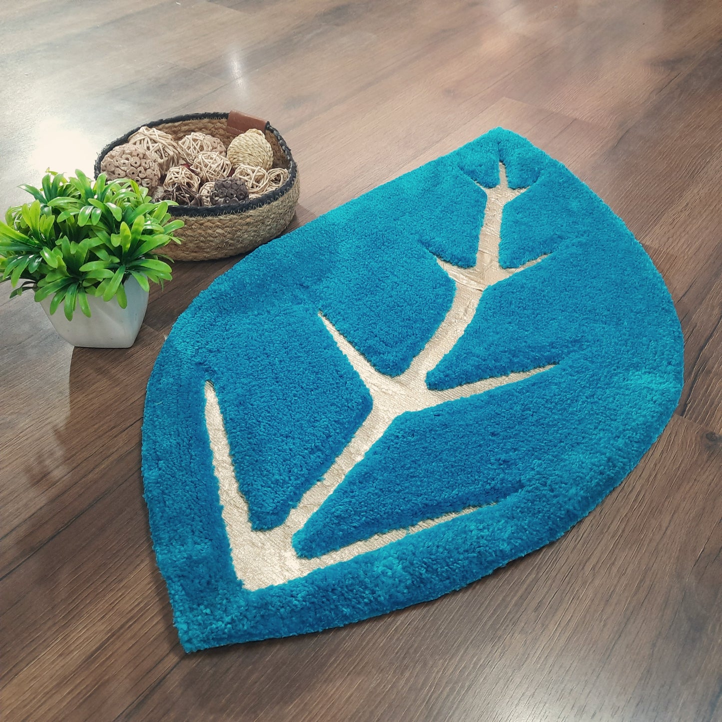Avioni Divine Collection | Luxury Golden/Silver Touch Blue Tufted Rug In Beautiful Leaf Shaped Soft And Plush Handmade Door Mats | ~25mm thickness | BathMats -45x82 cms
