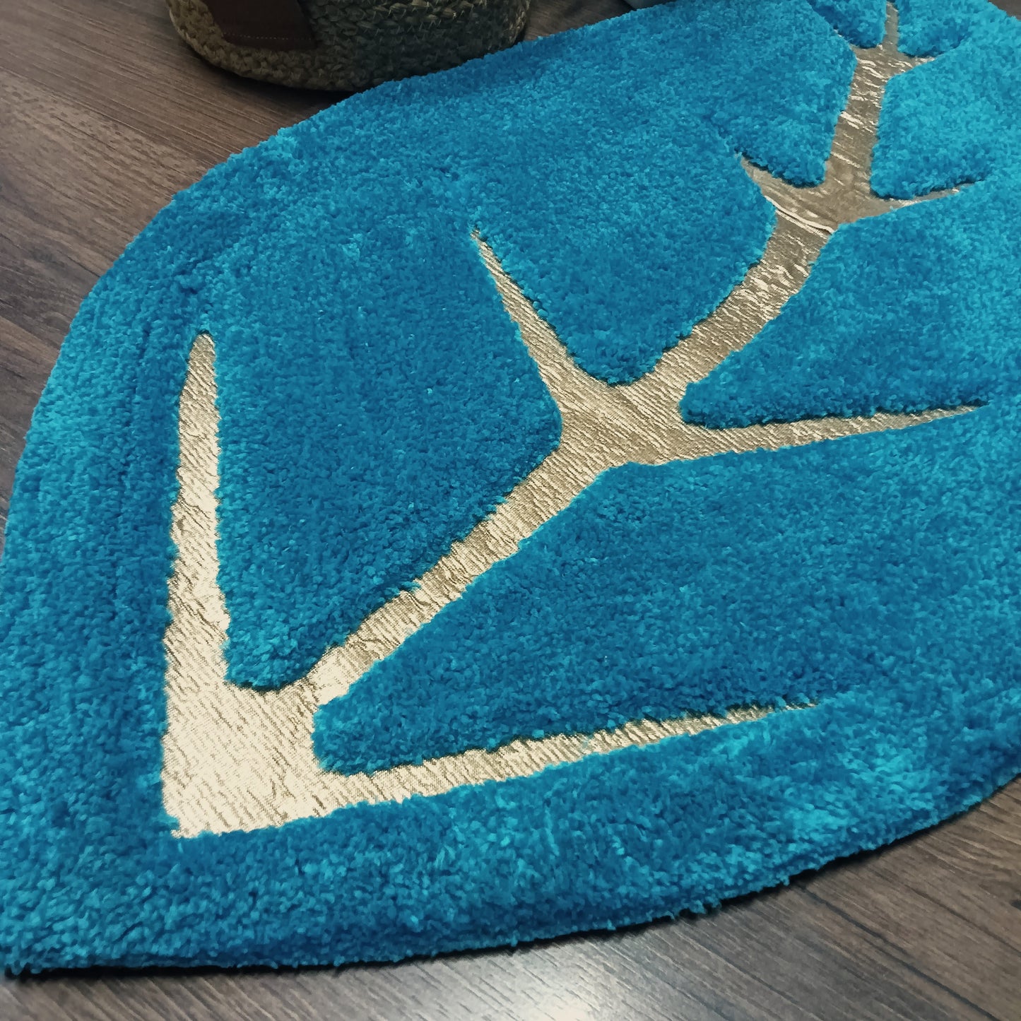 Avioni Divine Collection | Luxury Golden/Silver Touch Blue Tufted Rug In Beautiful Leaf Shaped Soft And Plush Handmade Door Mats | ~25mm thickness | BathMats -45x82 cms
