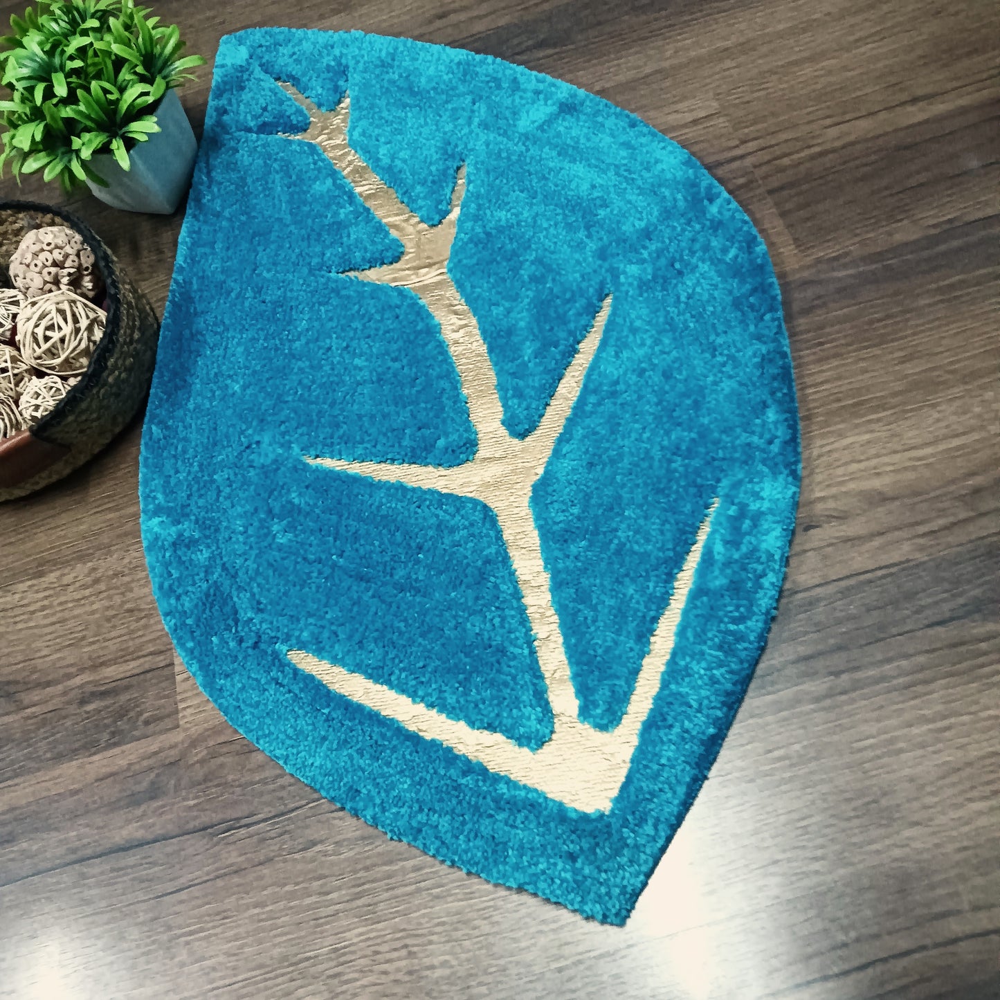 Avioni Divine Collection | Luxury Golden/Silver Touch Blue Tufted Rug In Beautiful Leaf Shaped Soft And Plush Handmade Door Mats | ~25mm thickness | BathMats -45x82 cms