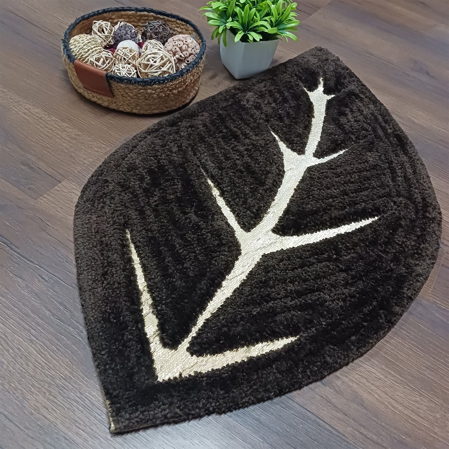 Avioni Divine Collection | Luxury Golden/Silver Touch Coffee Tufted Rug In Beautiful Leaf Shaped Soft And Plush Handmade Door Mats | ~25mm thickness | BathMats -45x82 cms
