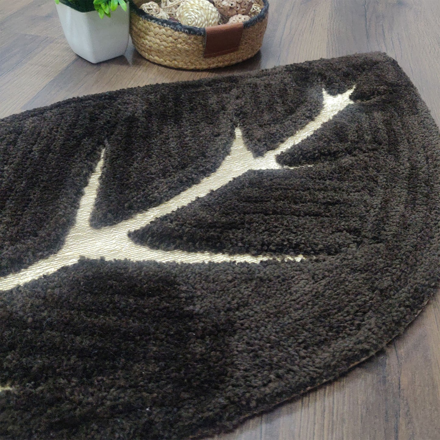 Avioni Divine Collection | Luxury Golden/Silver Touch Coffee Tufted Rug In Beautiful Leaf Shaped Soft And Plush Handmade Door Mats | ~25mm thickness | BathMats -45x82 cms