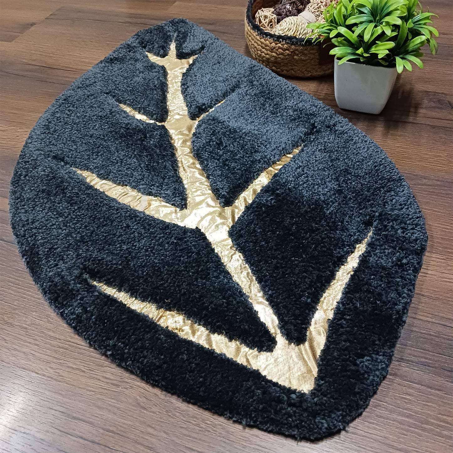 Avioni Divine Collection | Luxury Golden/Silver Touch Dark Grey Tufted Rug In Beautiful Leaf Shaped Soft And Plush Handmade Door Mats | ~25mm thickness | BathMats -45x82 cms (Copy)
