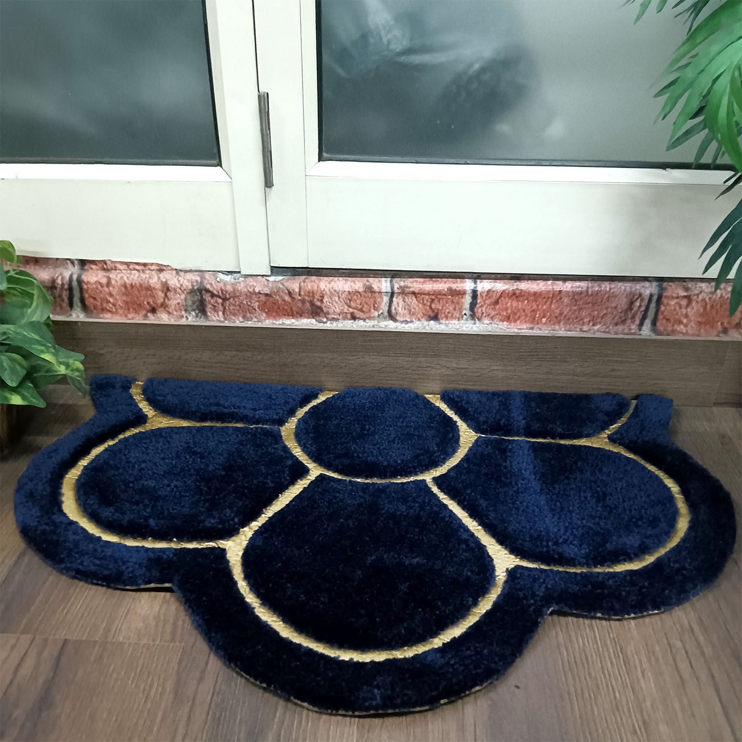 Avioni Divine Collection | Luxury Golden/Silver Touch Navy Blue Tufted Rug In Beautiful Flower Soft And Plush Handmade Door Mats | ~25mm thick | BathMats -45x75 cms