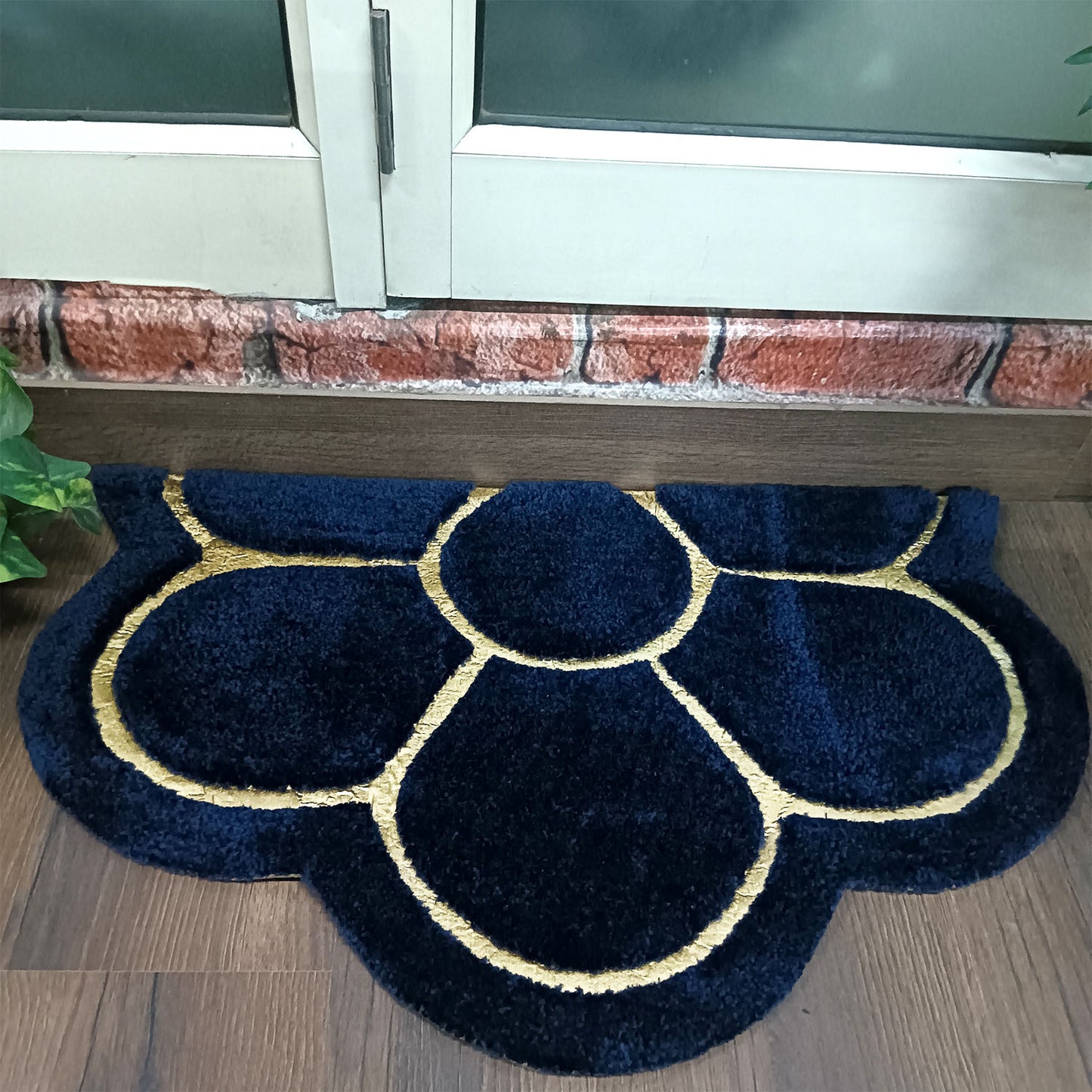 Avioni Divine Collection | Luxury Golden/Silver Touch Navy Blue Tufted Rug In Beautiful Flower Soft And Plush Handmade Door Mats | ~25mm thick | BathMats -45x75 cms
