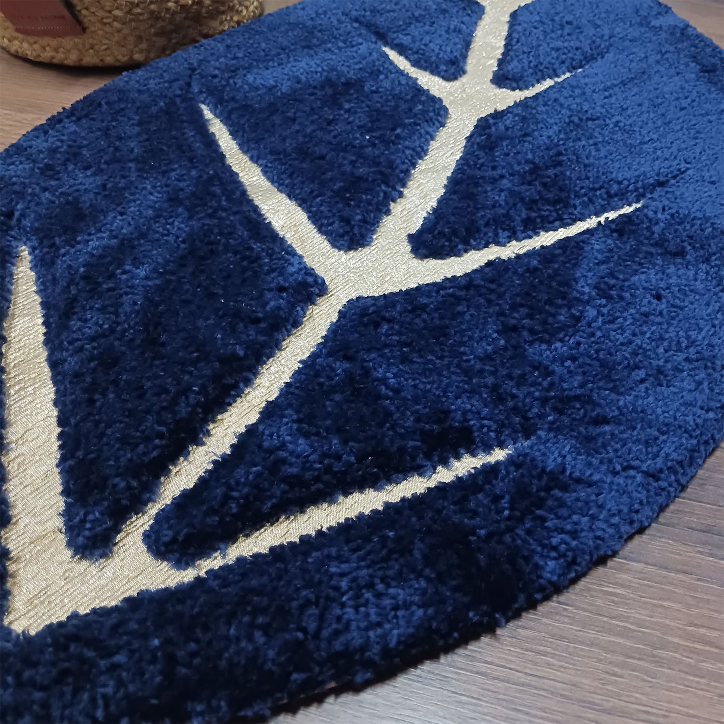 Avioni Divine Collection | Luxury Golden/Silver Touch Navy Blue Tufted Rug In Beautiful Leaf Shaped Soft And Plush Handmade Door Mats | ~25mm thickness | BathMats -45x82 cms