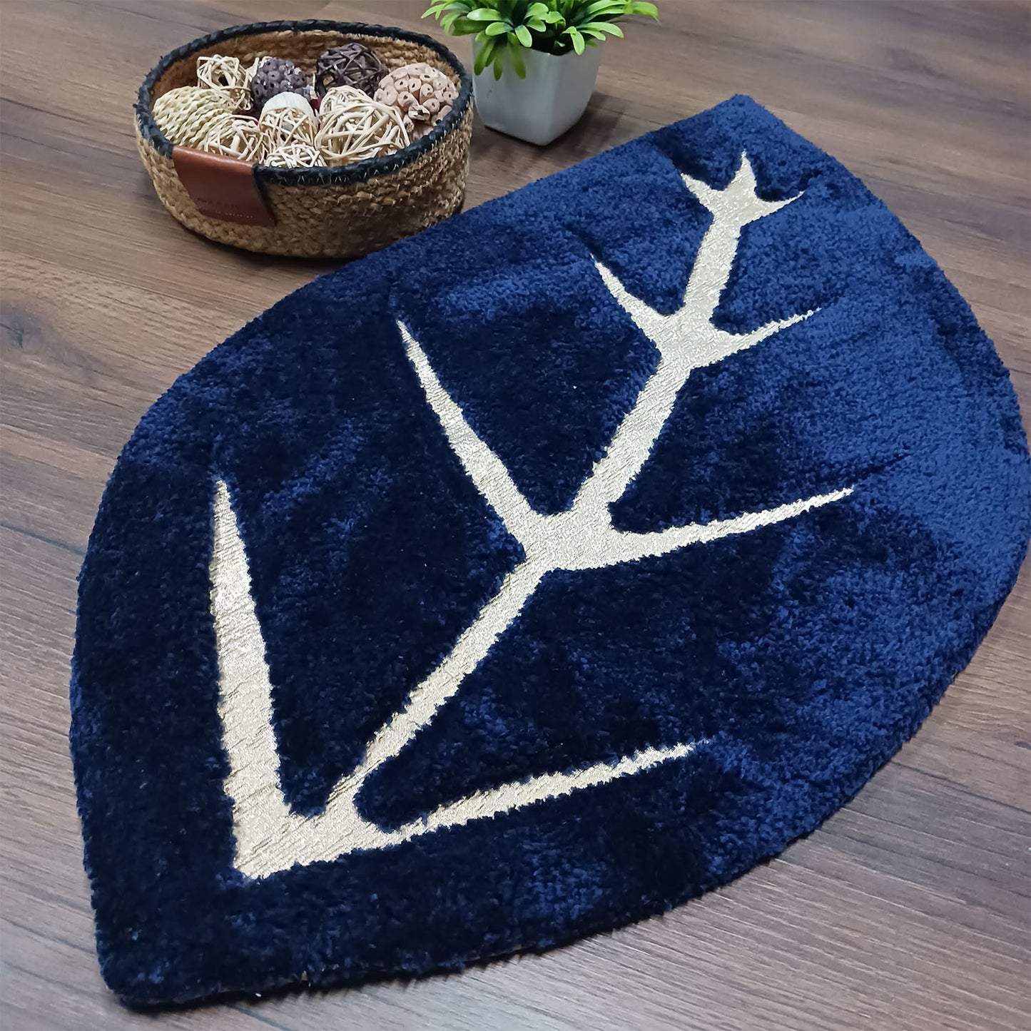 Avioni Divine Collection | Luxury Golden/Silver Touch Navy Blue Tufted Rug In Beautiful Leaf Shaped Soft And Plush Handmade Door Mats | ~25mm thickness | BathMats -45x82 cms