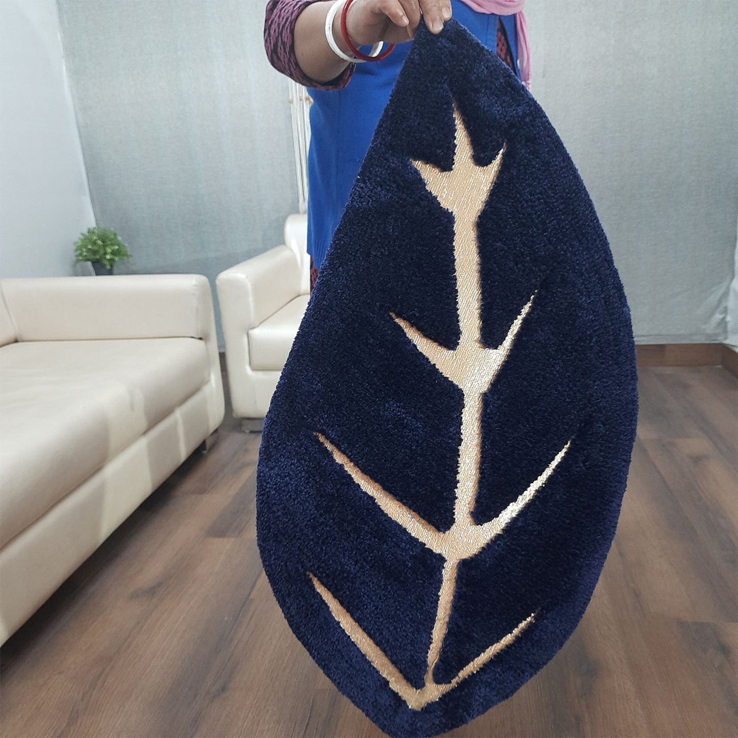 Avioni Divine Collection | Luxury Golden/Silver Touch Navy Blue Tufted Rug In Beautiful Leaf Shaped Soft And Plush Handmade Door Mats | ~25mm thickness | BathMats -45x82 cms