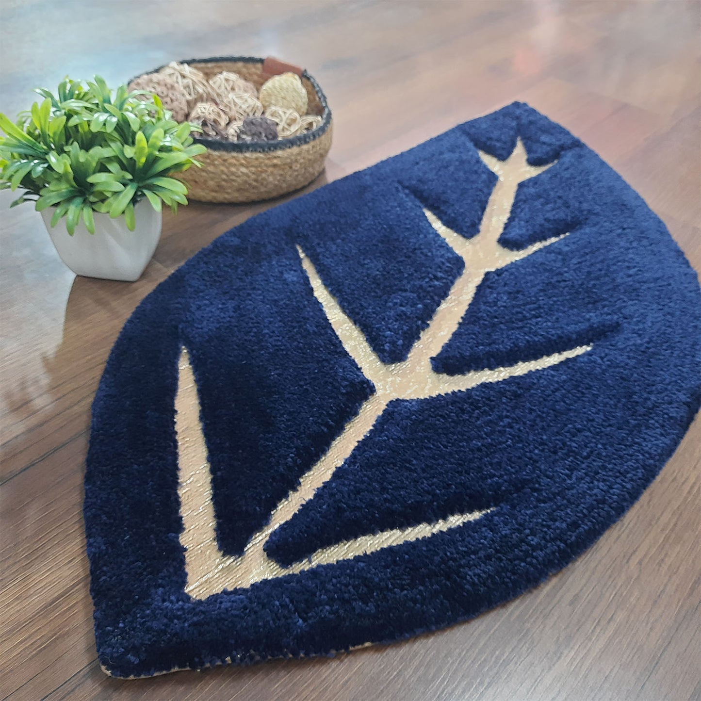 Avioni Divine Collection | Luxury Golden/Silver Touch Navy Blue Tufted Rug In Beautiful Leaf Shaped Soft And Plush Handmade Door Mats | ~25mm thickness | BathMats -45x82 cms
