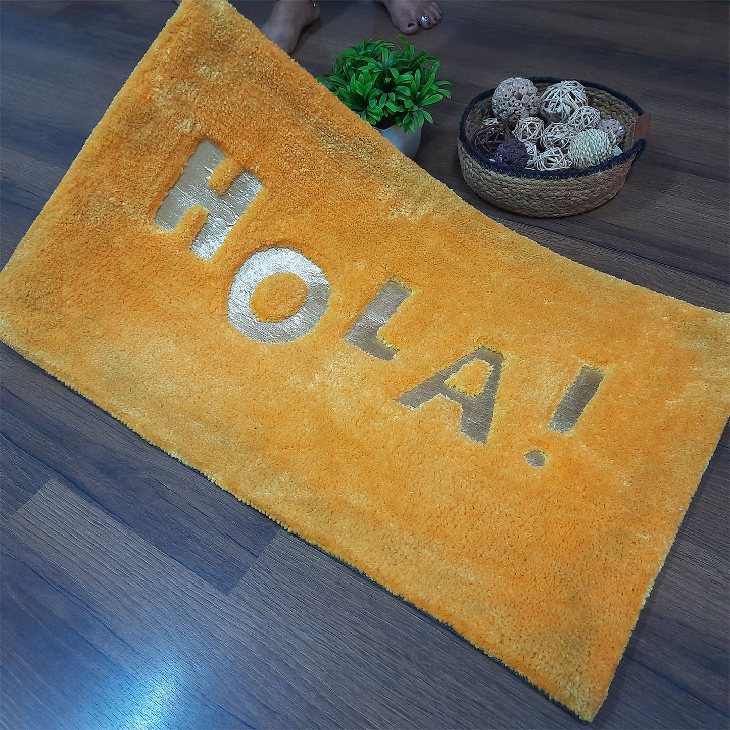 Avioni Divine Collection | Yellow Luxury Golden Touch Tufted Rug In "HOLA" (Spanish Greeting) Soft And Plush Handmade Door Mats |~25mm thick | BathMats -45x75 Cms