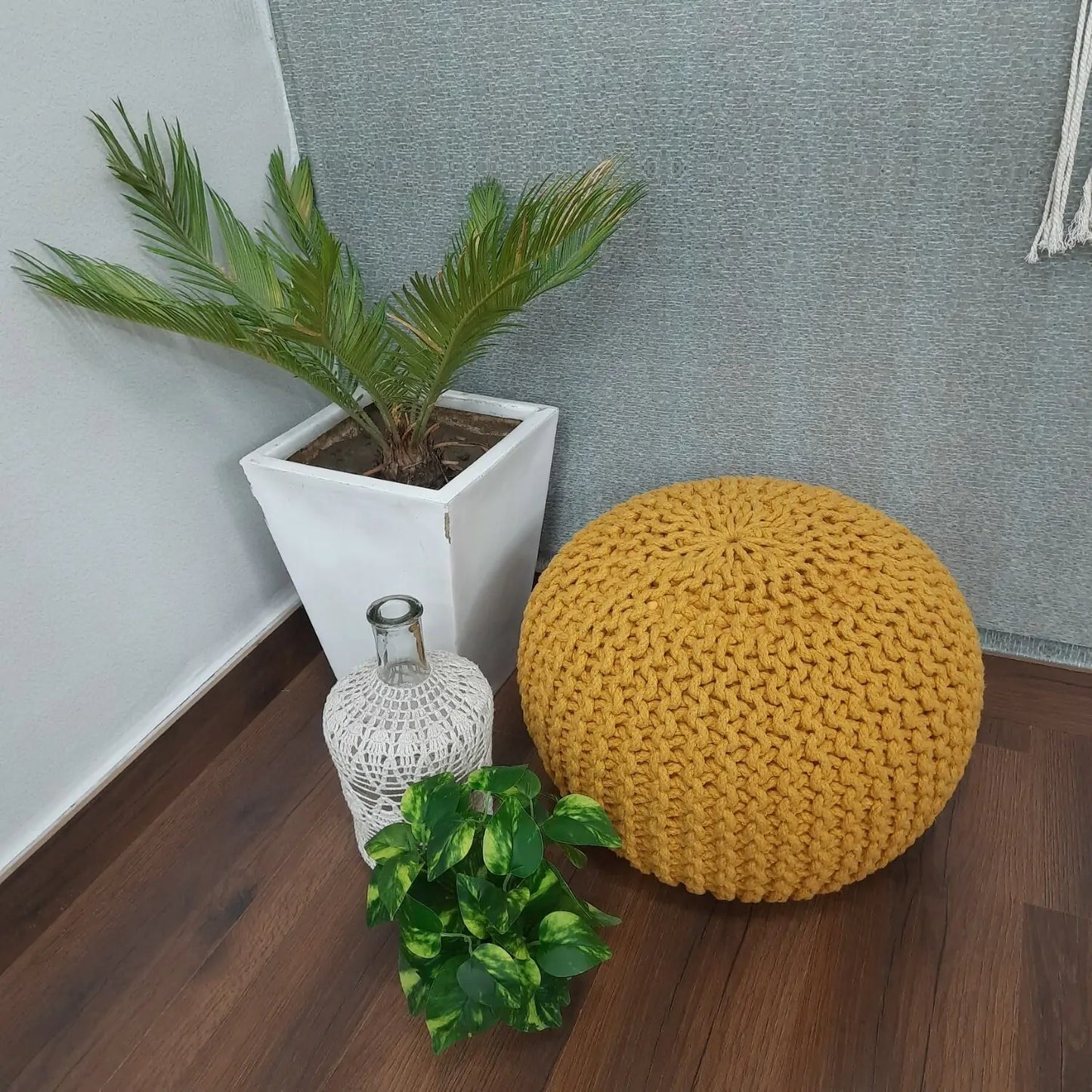 Avioni Home- Hand Knotted Natural Dyed Cotton- Mustard/Yellow Colour- Filled with FR Beans- Large Size-40x55x55 cms